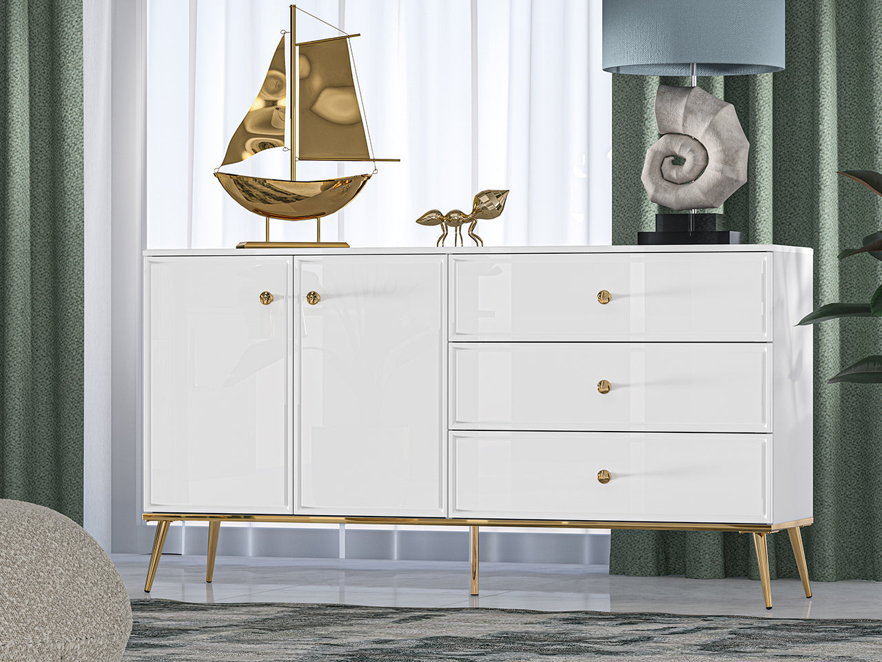 Commode, Buffet, Buffet en Bois Blanc Laqué Brillant avec Pieds Dorés - Decora Home