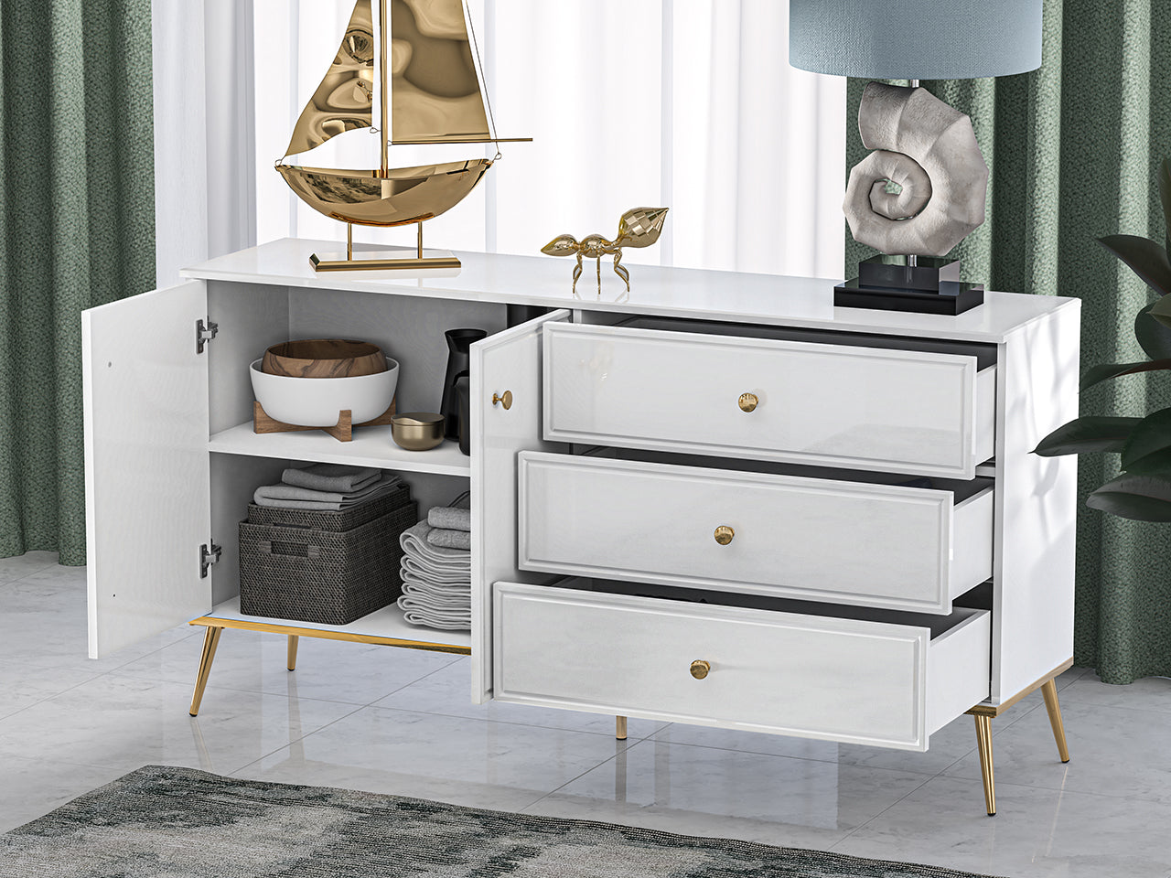 Commode, Buffet, Buffet en Bois Blanc Laqué Brillant avec Pieds Dorés - Decora Home