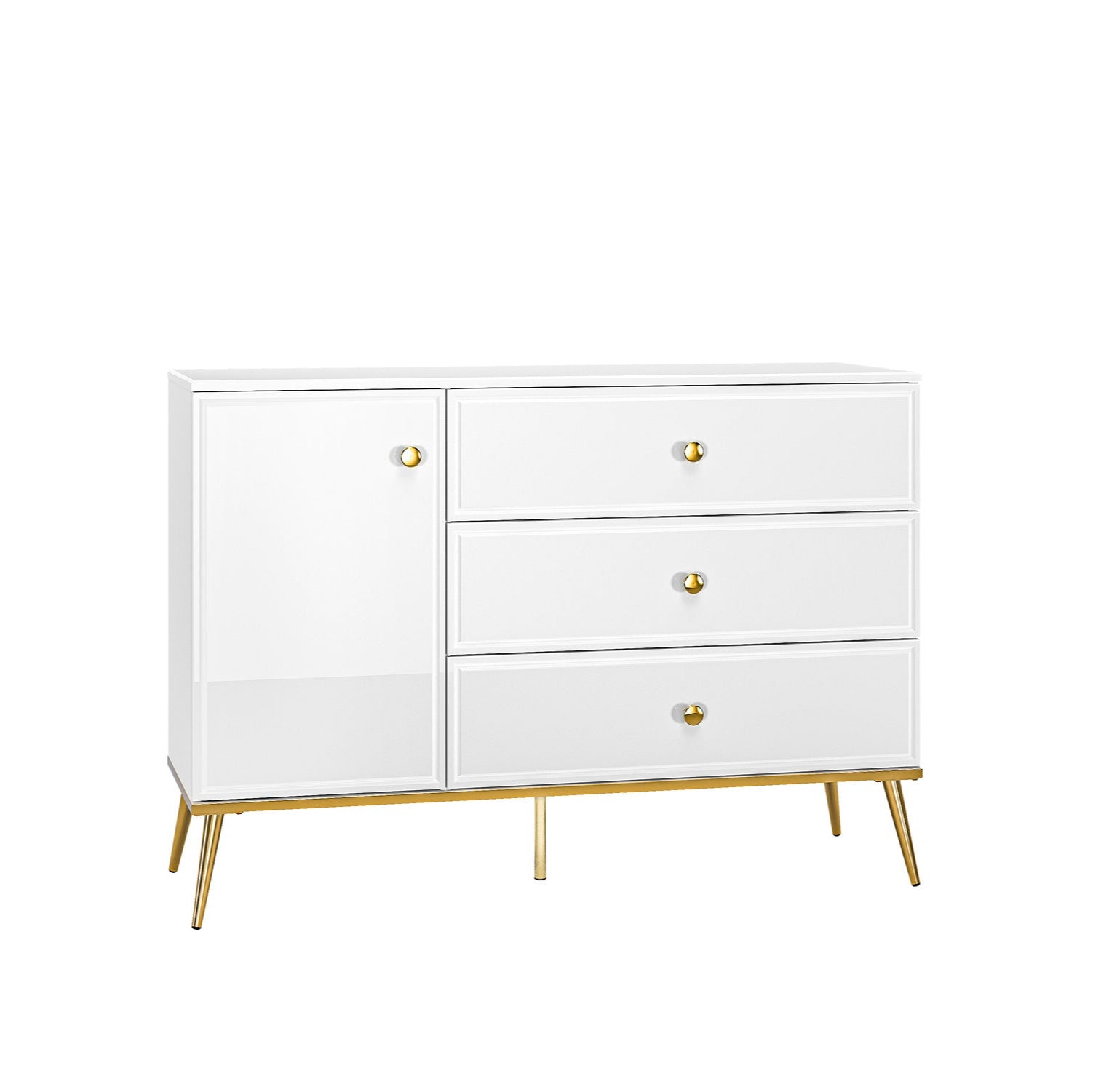 Commode, Buffet, Buffet à tiroirs à extension en blanc laqué brillant avec pieds dorés - Decora Home