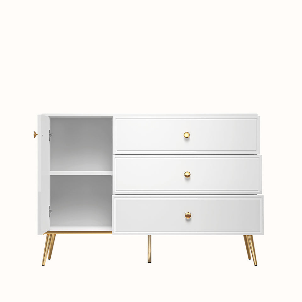 Commode, Buffet, Buffet à tiroirs à extension en blanc laqué brillant avec pieds dorés - Decora Home