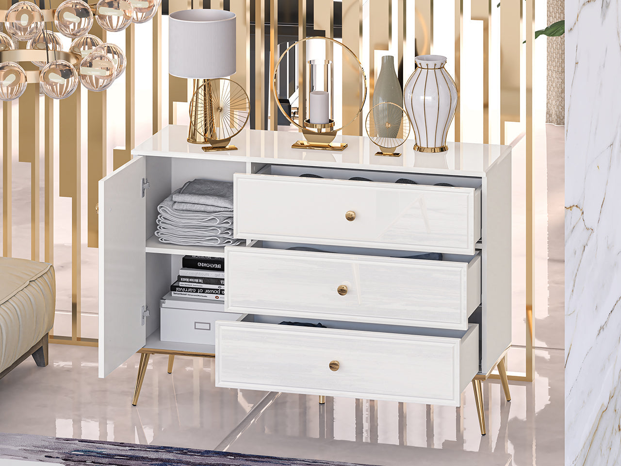 Commode, Buffet, Buffet à tiroirs à extension en blanc laqué brillant avec pieds dorés - Decora Home