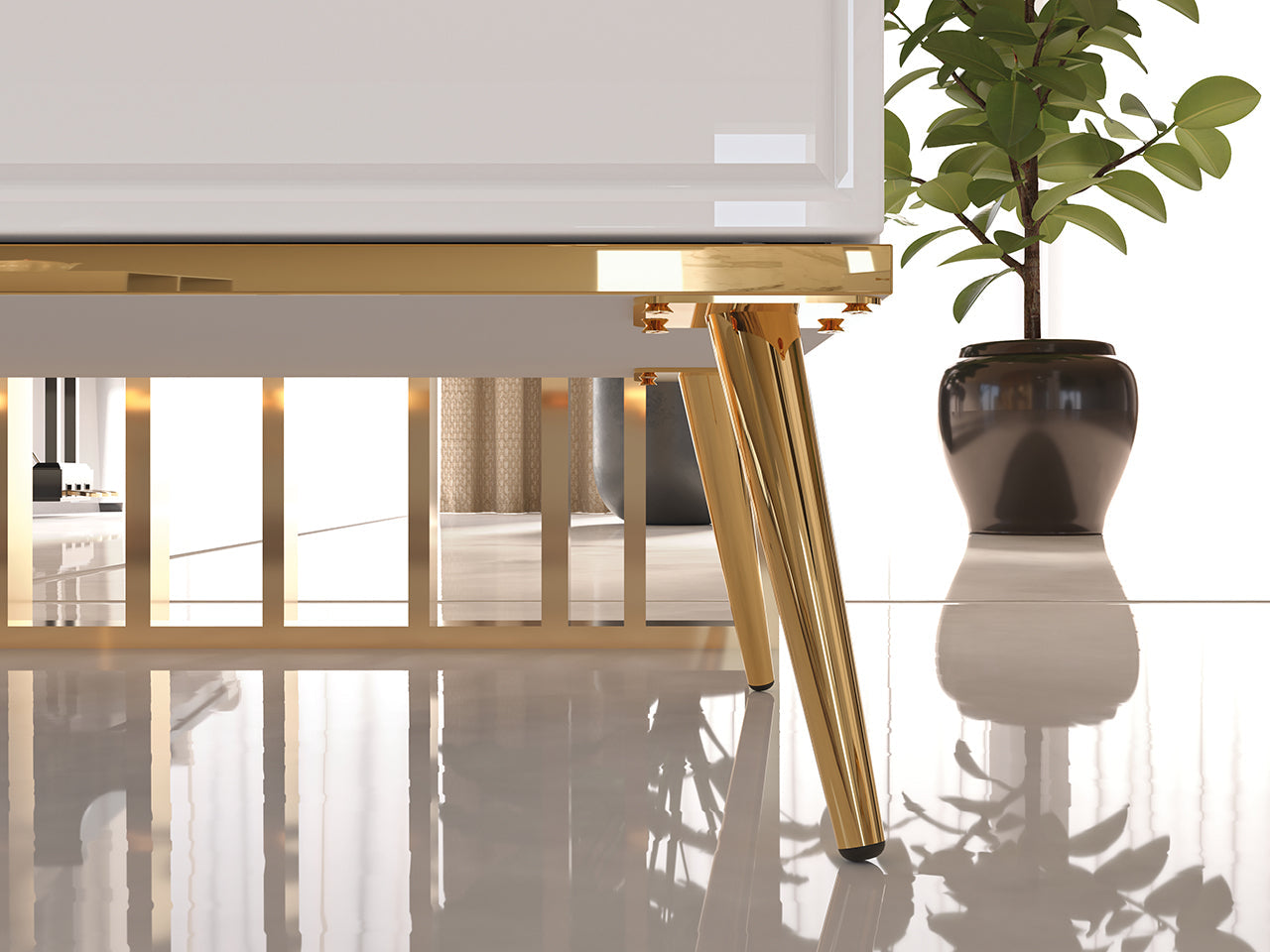 Commode, Buffet, Buffet à tiroirs à extension en blanc laqué brillant avec pieds dorés - Decora Home
