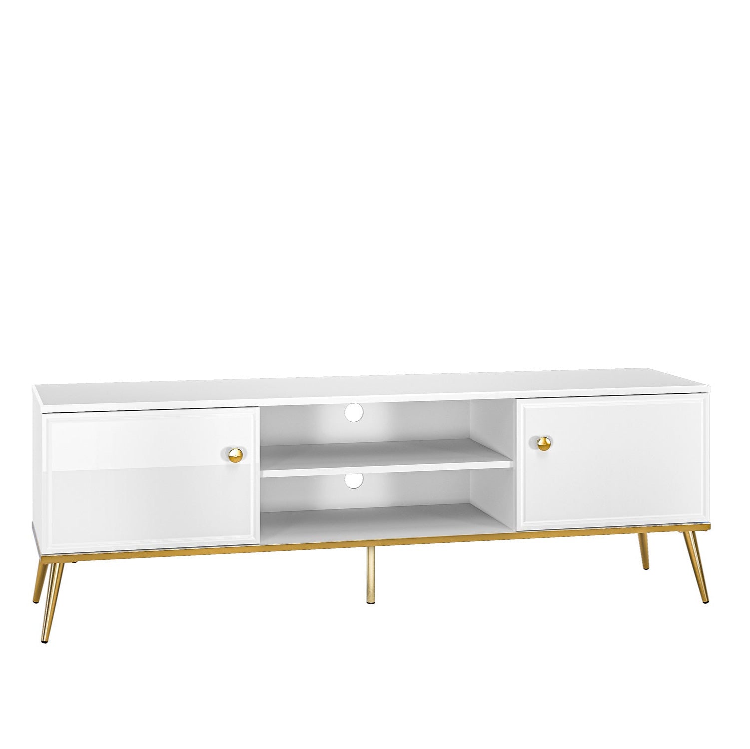 Meuble TV en Bois Blanc Laqué Brillant avec pieds dorés|Offre Spéciale|Decora Home