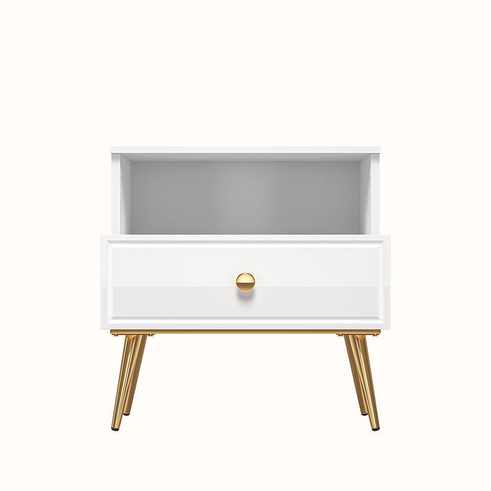 Table de Nuit Moderne Blanc Laqué Brillant avec pieds dorés - Decora Home