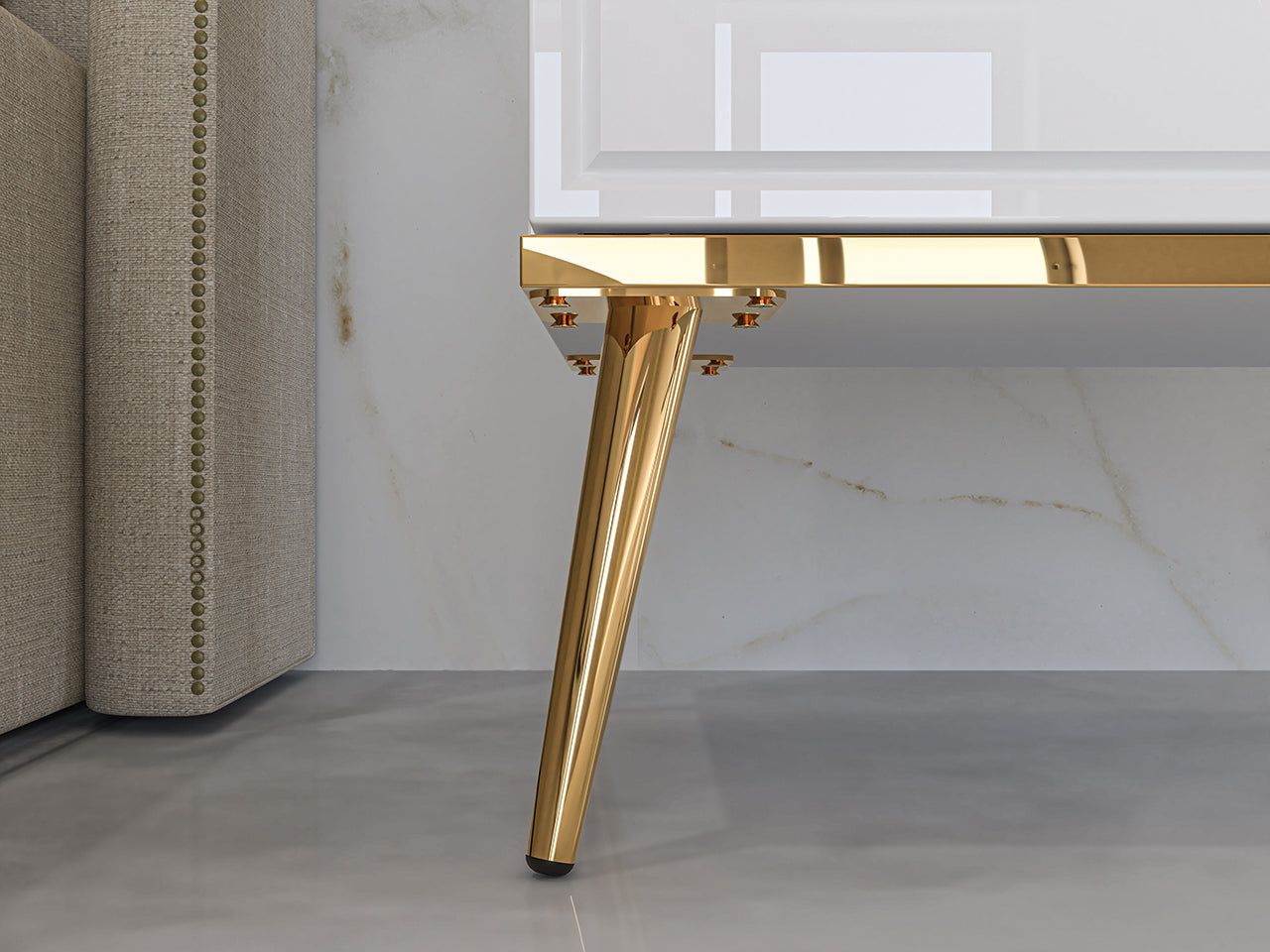 Table de Nuit Moderne Blanc Laqué Brillant avec pieds dorés - Decora Home