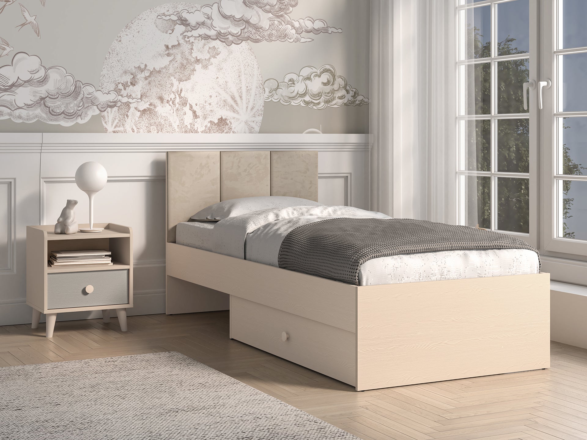 Lit enfant Moderne avec Tête de Lit en Velours Beige et Structure en Sable du Désert – Design Élégant et Confort Assuré - Decora Home