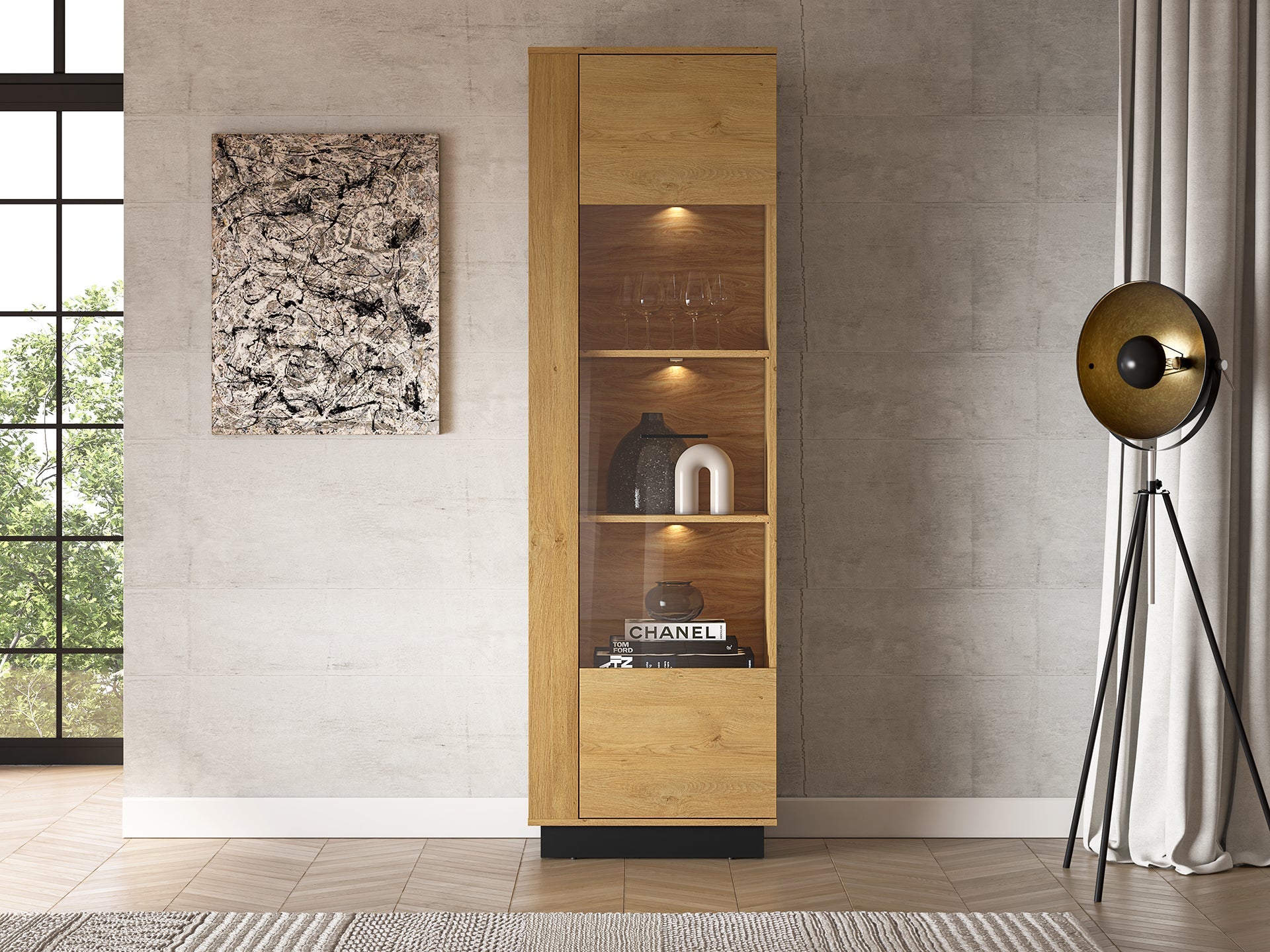 Vitrine en Chêne Élégant avec Base Noire - Design Moderne et Fonctionnalité Droite-Gauche - Decora Home