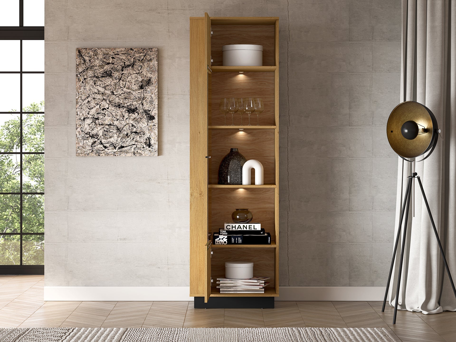 Vitrine en Chêne Élégant avec Base Noire - Design Moderne et Fonctionnalité Droite-Gauche - Decora Home