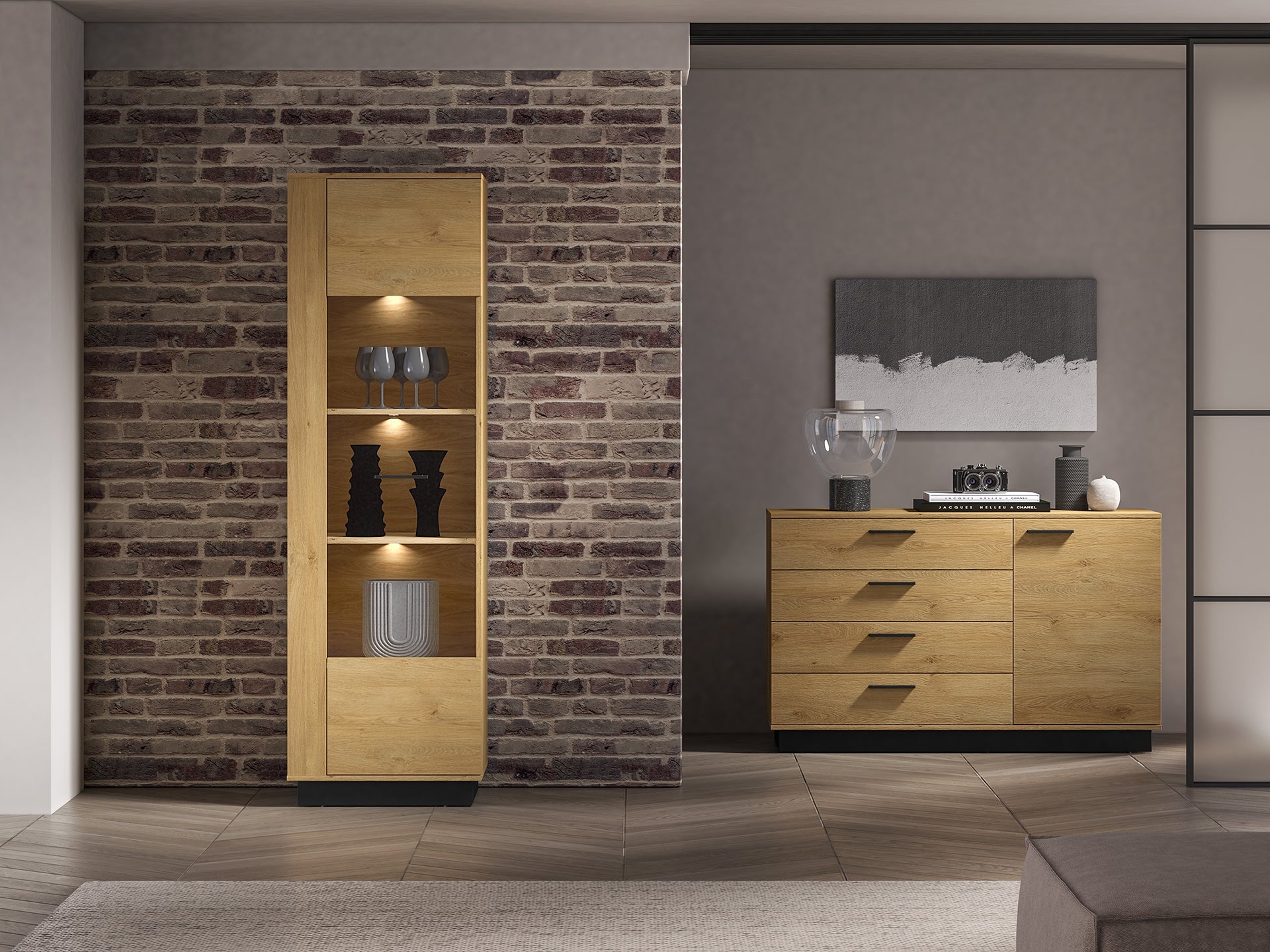 Vitrine en Chêne Élégant avec Base Noire - Design Moderne et Fonctionnalité Droite-Gauche - Decora Home