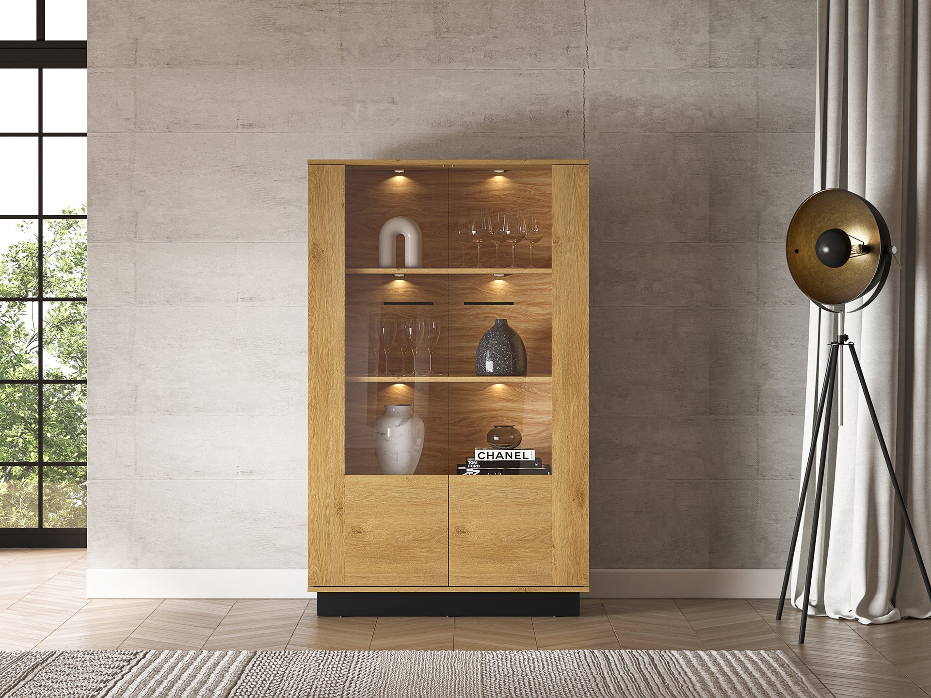 Vitrine en Chêne Élégant avec Base Noire - Design Moderne et Sécurité Renforcée - Decora Home