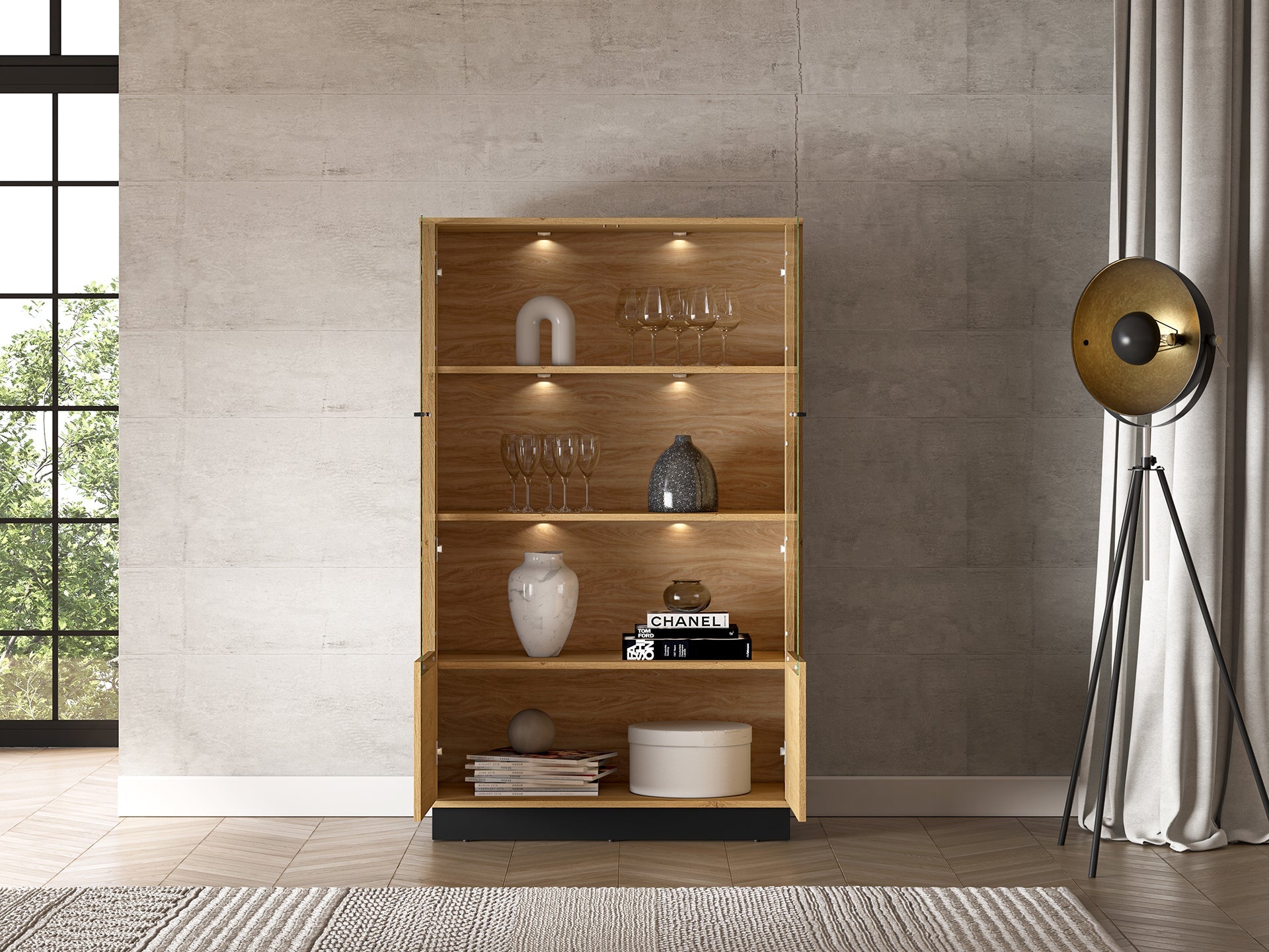 Vitrine en Chêne Élégant avec Base Noire - Design Moderne et Sécurité Renforcée - Decora Home