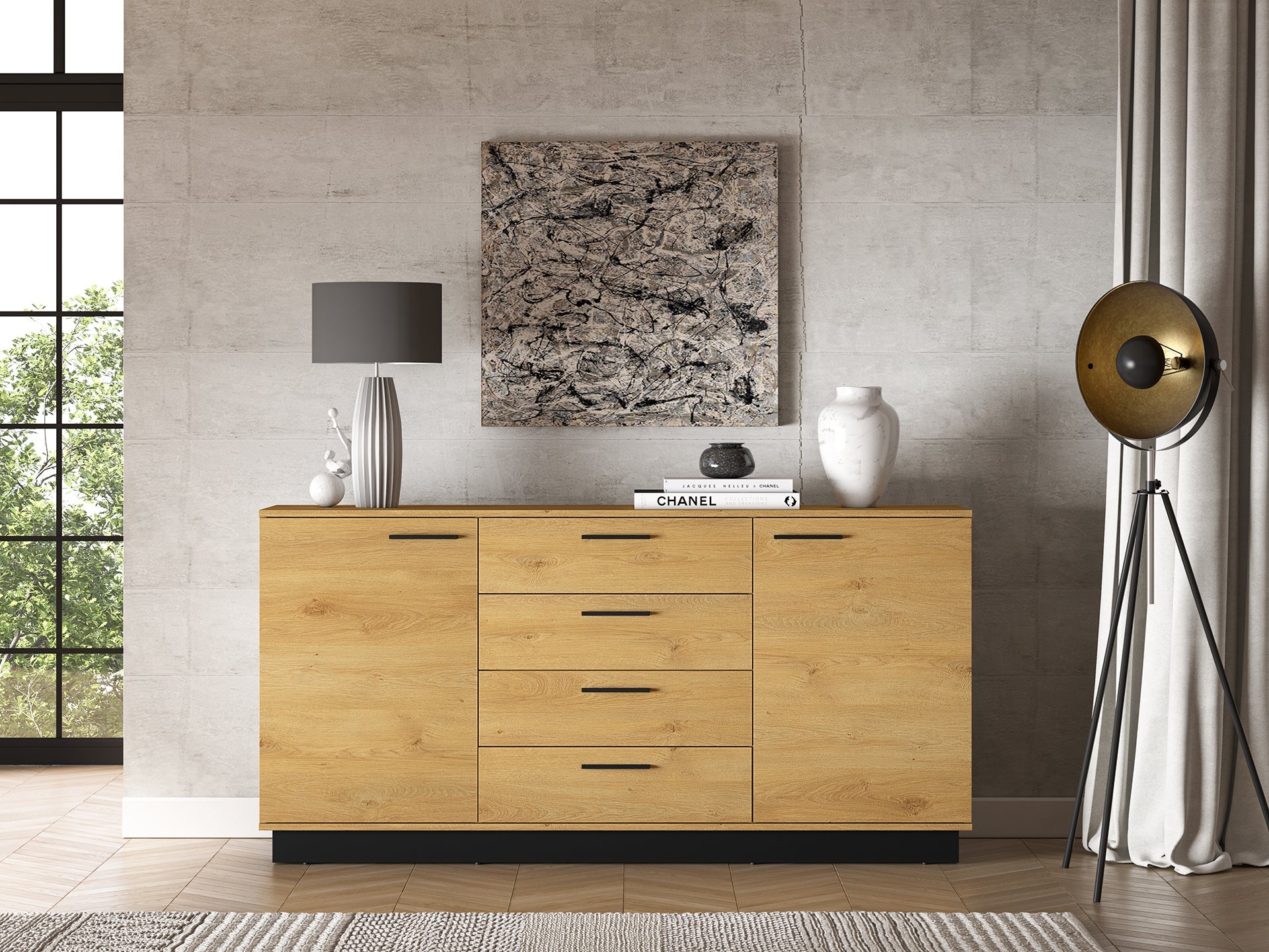 Commode, Buffet, Buffet en Chêne Élégant avec Base Noire - Design Moderne et Grande Capacité - Decora Home