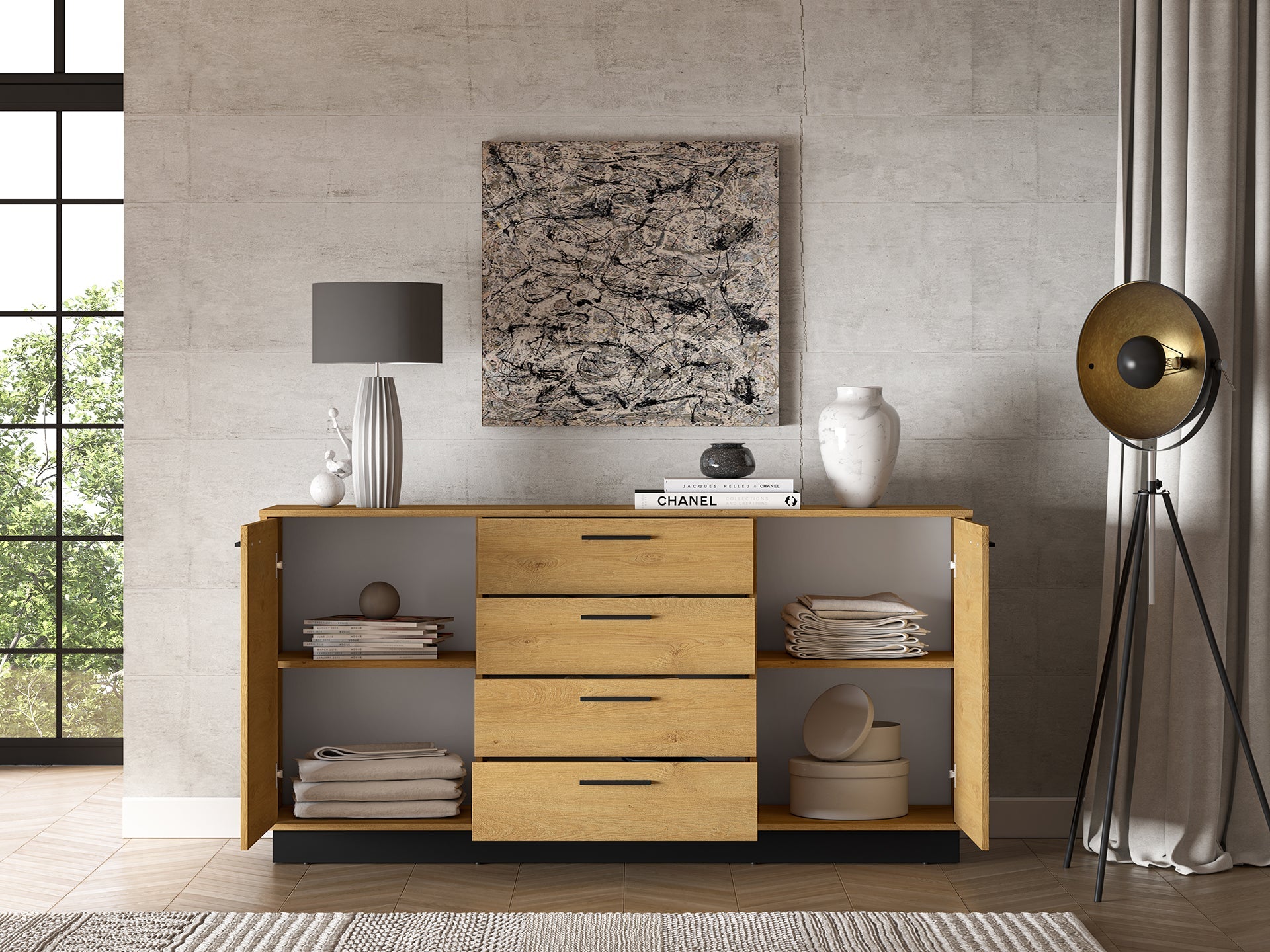 Commode, Buffet, Buffet en Chêne Élégant avec Base Noire - Design Moderne et Grande Capacité - Decora Home