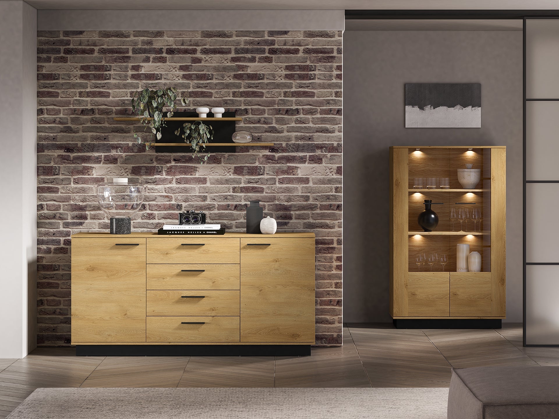 Commode, Buffet, Buffet en Chêne Élégant avec Base Noire - Design Moderne et Grande Capacité - Decora Home