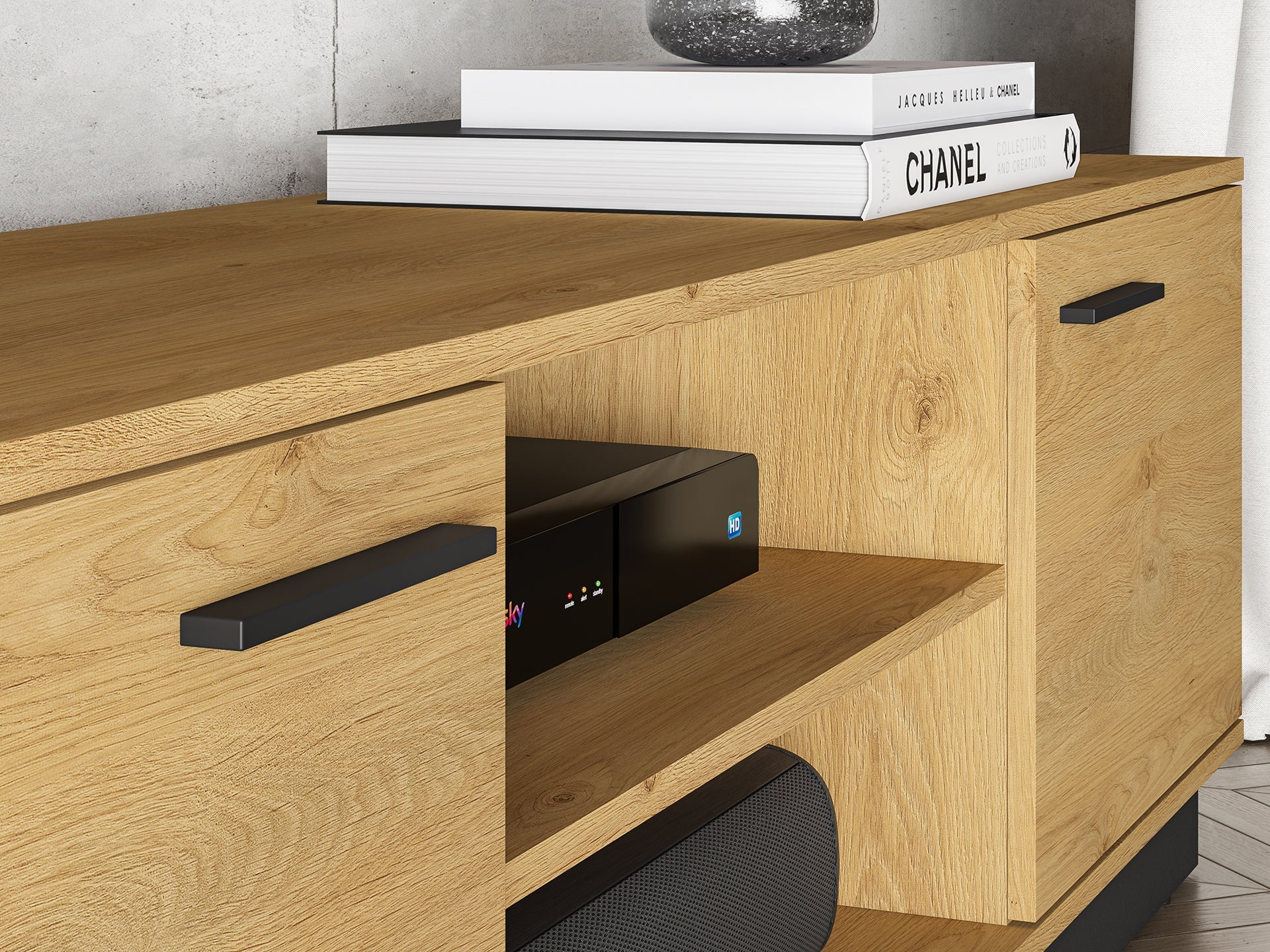 Meuble TV en Chêne Élégant avec Base Noire - Design Moderne et Résistance Supérieure - Decora Home