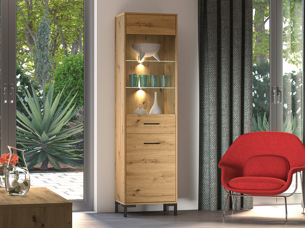 Vitrine haute en chêne artisanal – Modularité droite/gauche & éclairage LED en option - Decora Home
