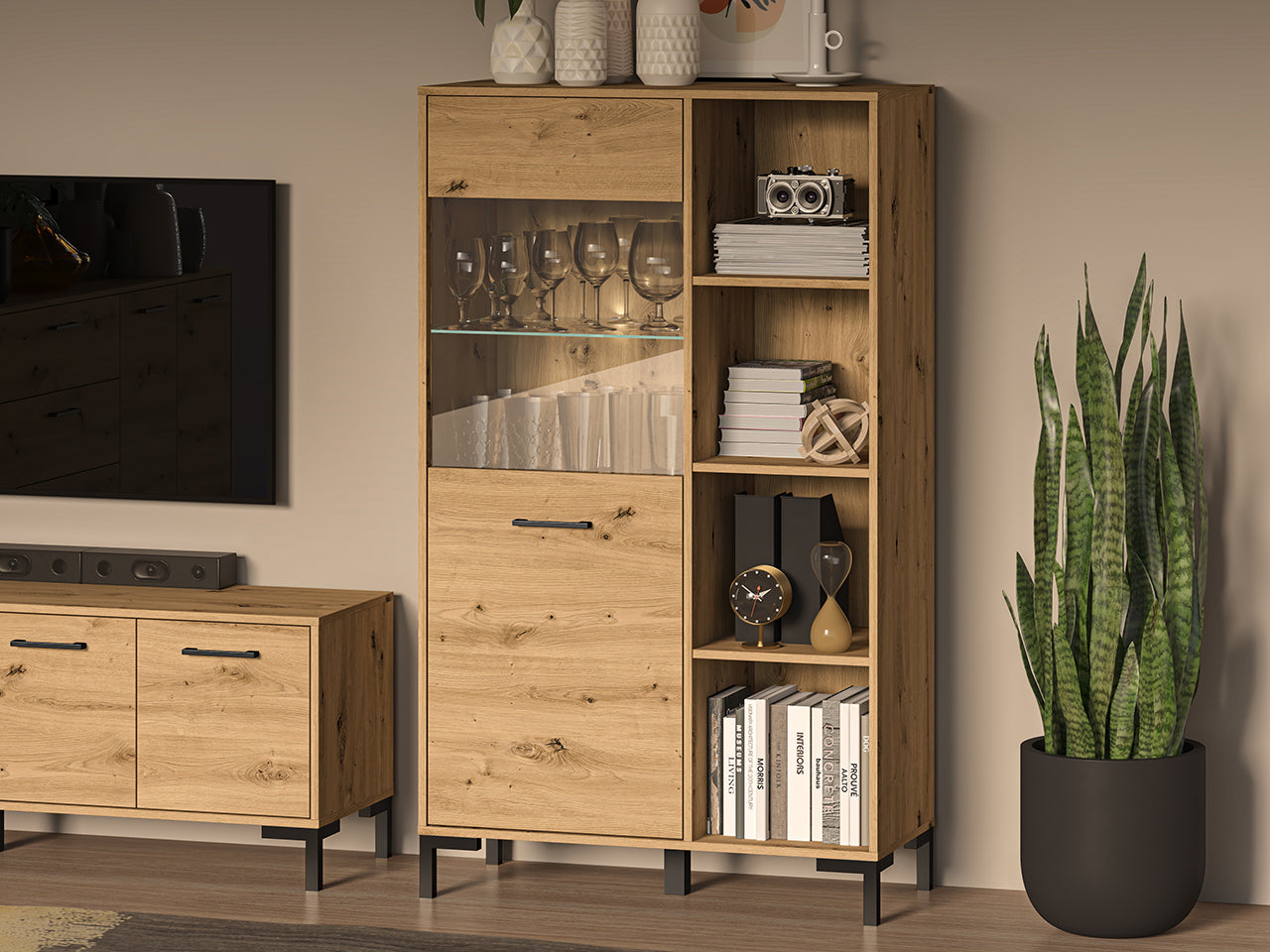 Vitrine murale en chêne artisanal avec éclairage LED en option – finition haut de gamme et verre trempé sécurisé - Decora Home