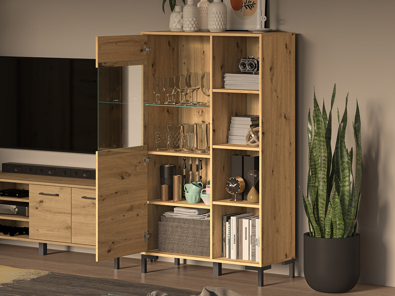 Vitrine murale en chêne artisanal avec éclairage LED en option – finition haut de gamme et verre trempé sécurisé - Decora Home