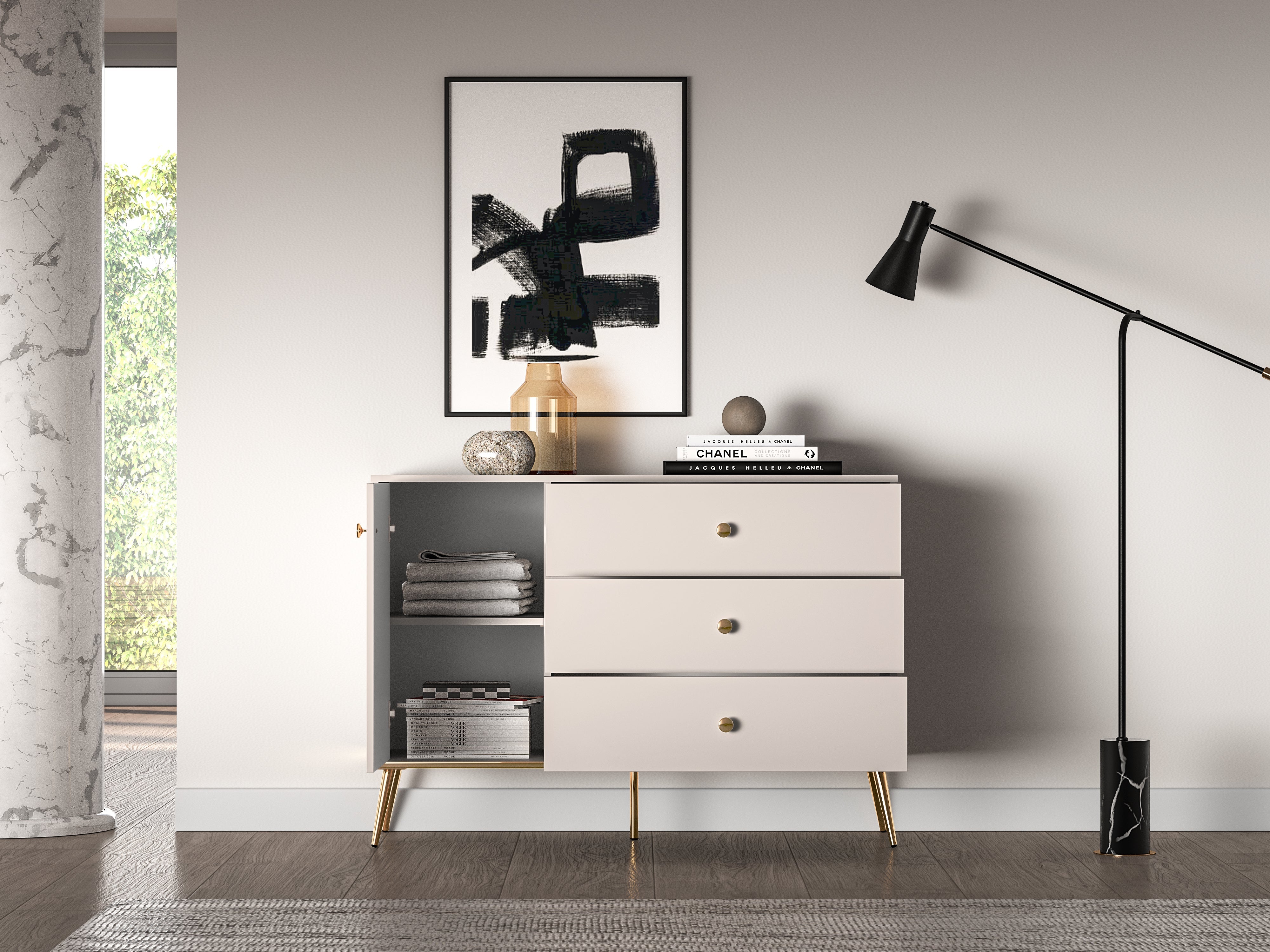 Commode, Buffet  - Design Cachemire avec Tiroirs Profonds et Pieds Dorés - Decora Home