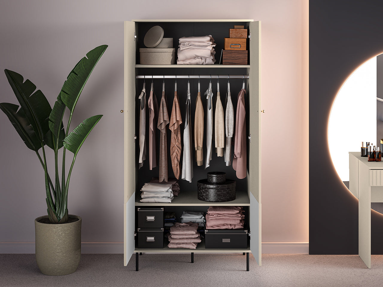 Armoire en MDF Cachemire avec Barre de Suspension & Finitions en Or Brossé - Decora Home