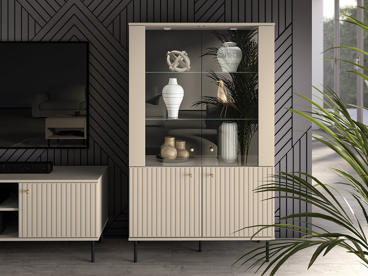 Vitrine avec Étagères en Verre et éclairage LED et couleur Cachemire finitions Or Brossé|Offre Limitée|Decora Home