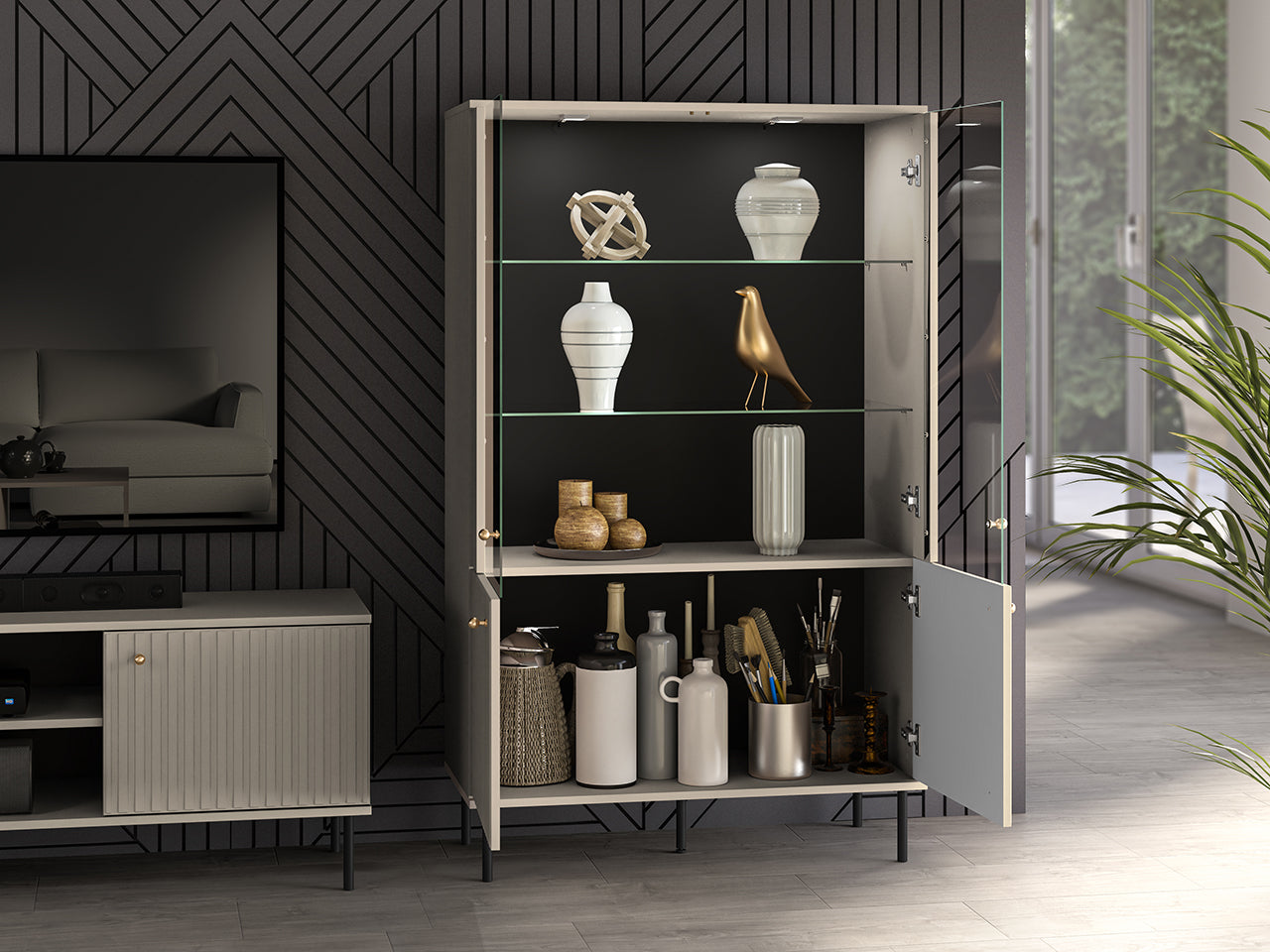 Vitrine avec Étagères en Verre et éclairage LED et couleur Cachemire finitions Or Brossé - Decora Home