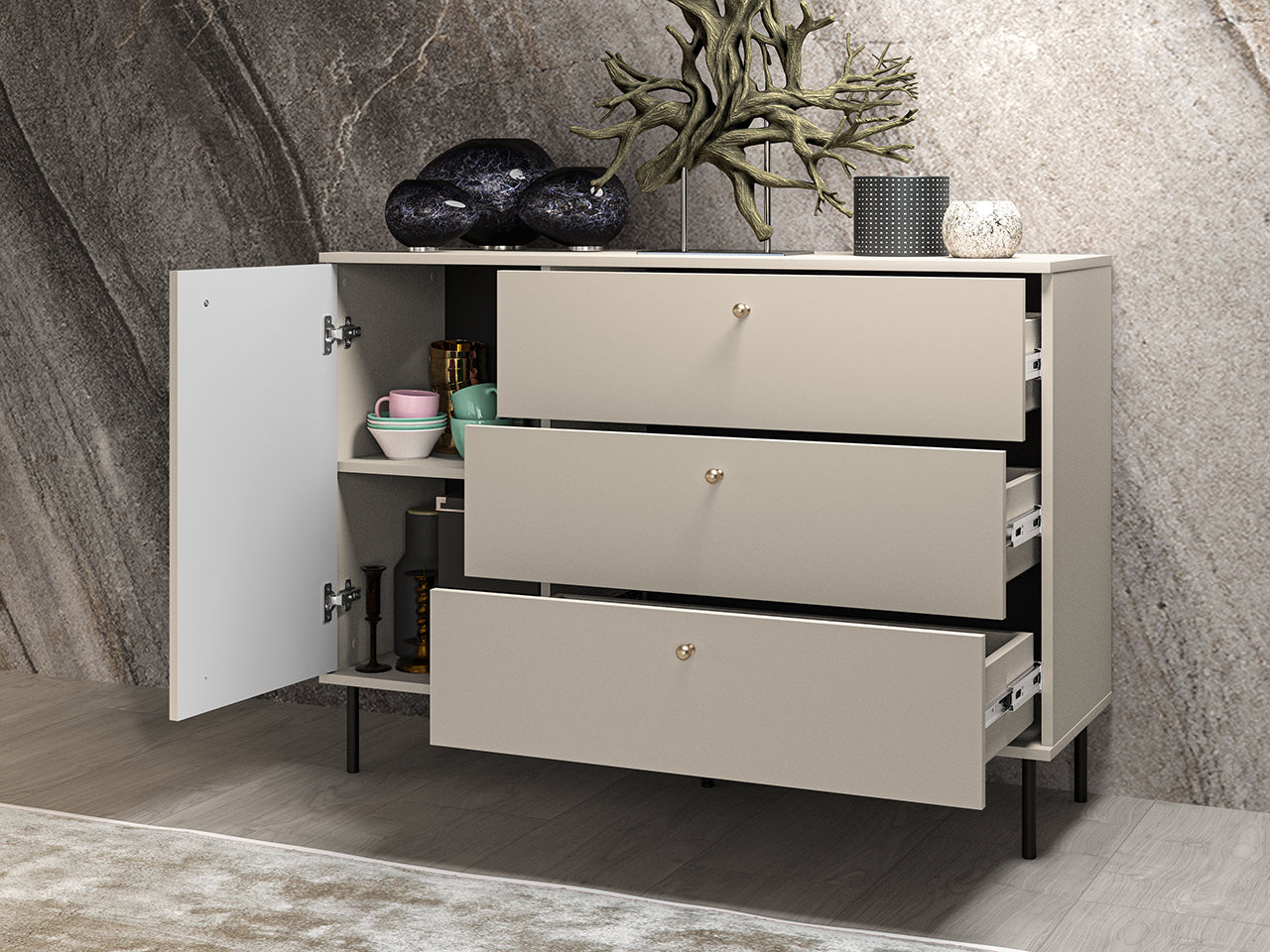 Commode, Buffet en MDF Cachemire avec Tiroirs Profonds & Finitions en Or Brossé - Decora Home