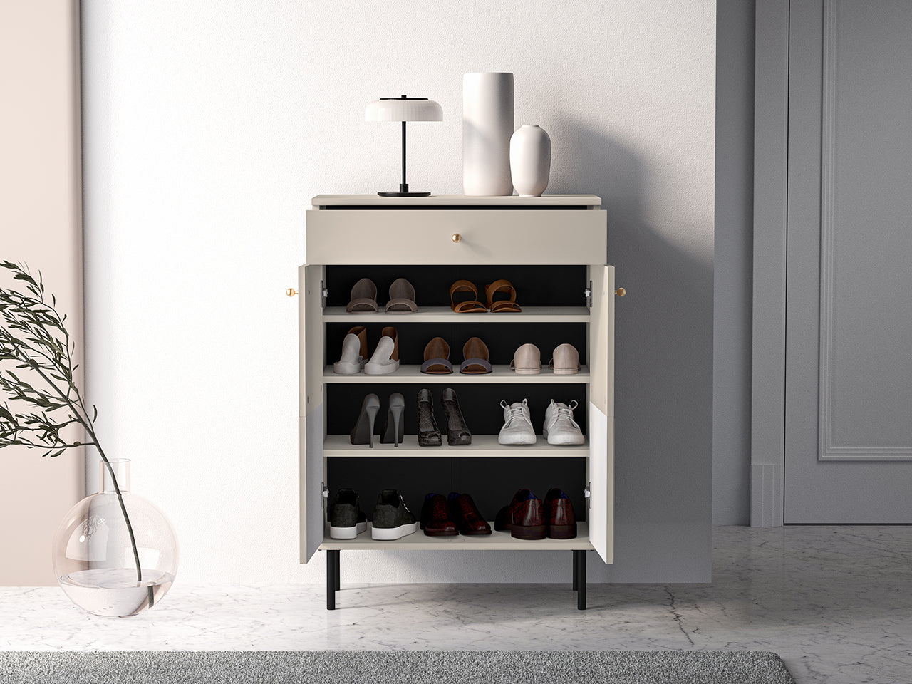 Meuble à Chaussures avec Doubles Portes et Tiroir à Extension Complète - MDF Cachemire - Decora Home