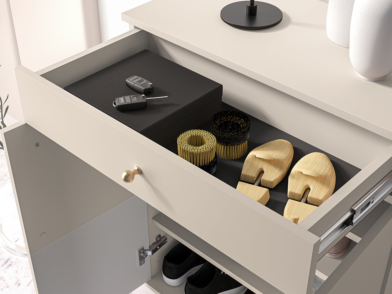 Meuble à Chaussures avec Doubles Portes et Tiroir à Extension Complète - MDF Cachemire - Decora Home
