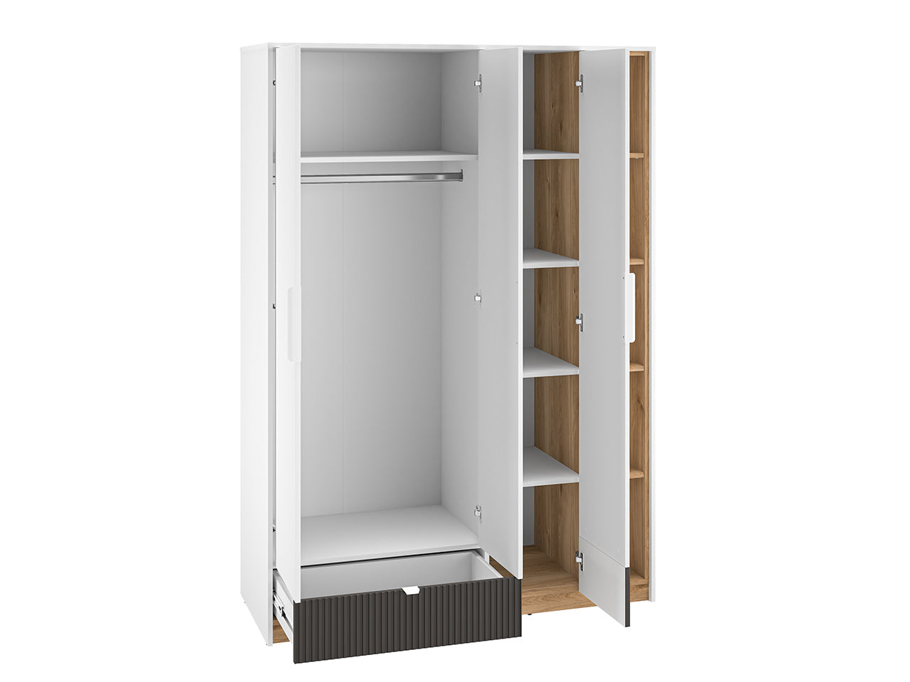 Garde-robe enfant moderne avec bordures en ABS – Grande capacité, ouverture à extension complète et design élégant en blanc et chêne Castello - Decora Home