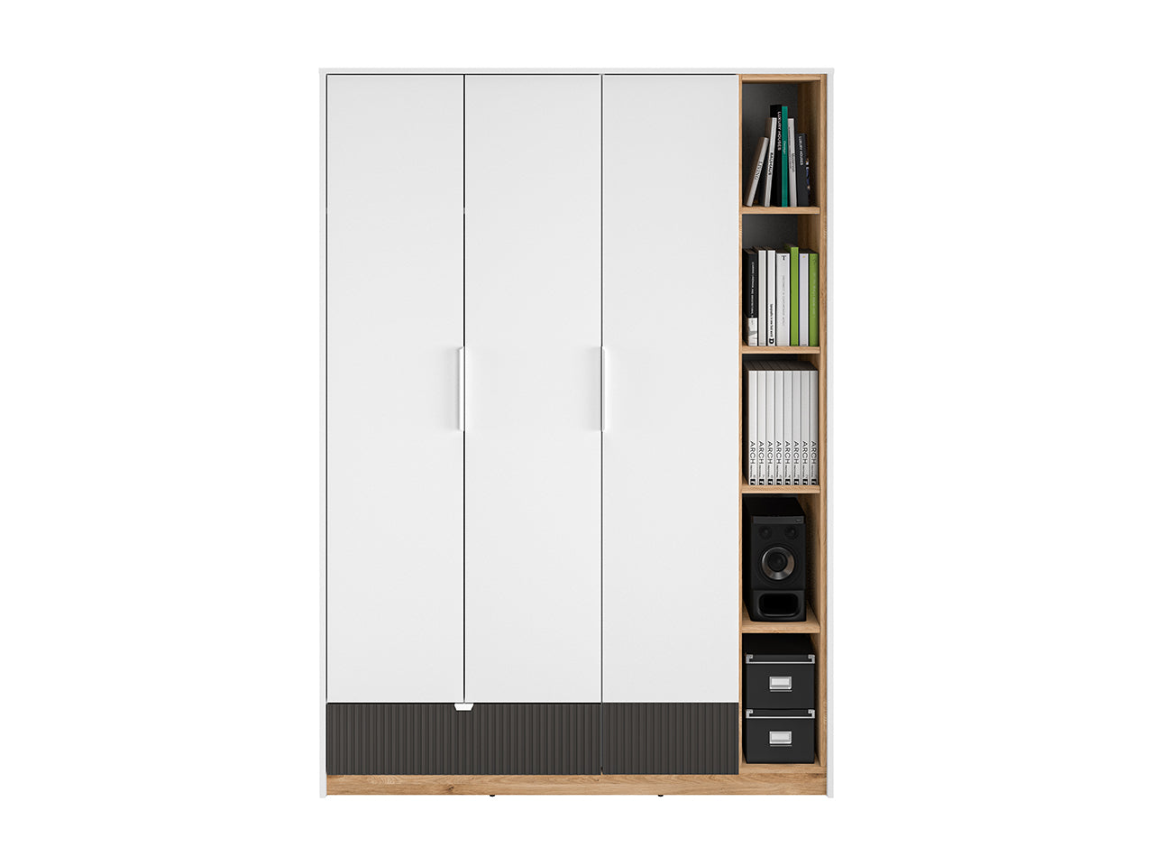 Garde-robe enfant moderne avec bordures en ABS – Grande capacité, ouverture à extension complète et design élégant en blanc et chêne Castello - Decora Home