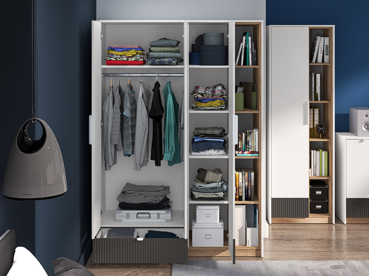 Garde-robe enfant moderne avec bordures en ABS – Grande capacité, ouverture à extension complète et design élégant en blanc et chêne Castello - Decora Home