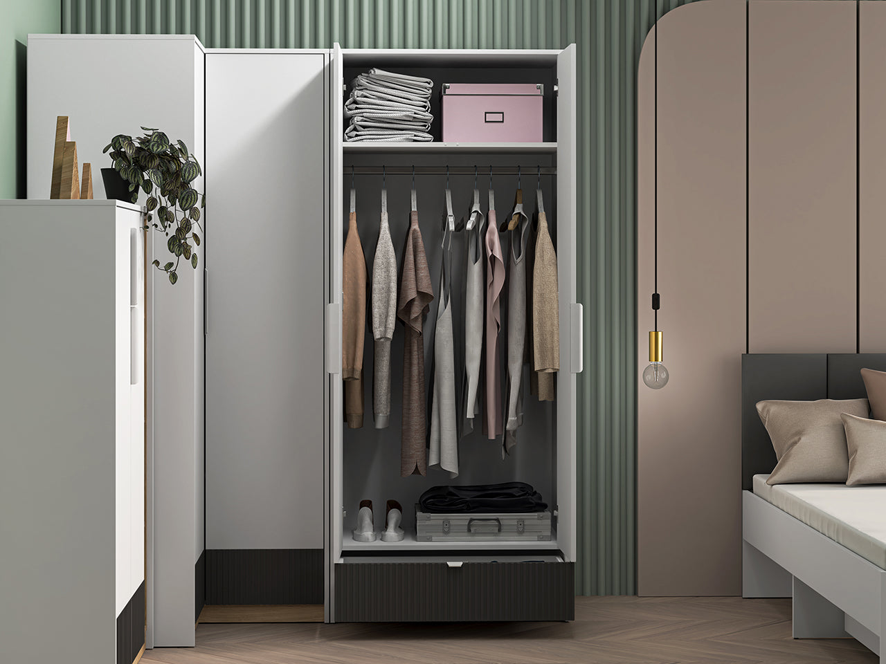 Garde-Robe enfant Moderne en Blanc et Chêne Castello - Panneau Laminé Résistant aux Rayures et à l'Humidité, Capacité de Tiroir Optimisée - Decora Home