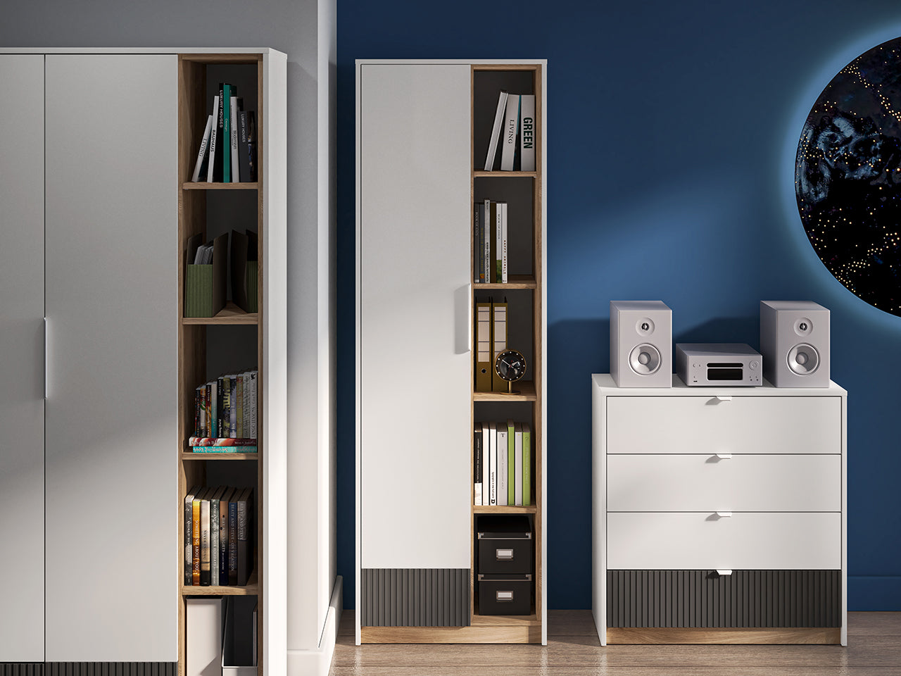 Garde Robe enfant Moderne en Blanc et Chêne Castello avec MDF Graphite Mat – Durabilité et Design Élégant|Offre Spéciale|Decora Home