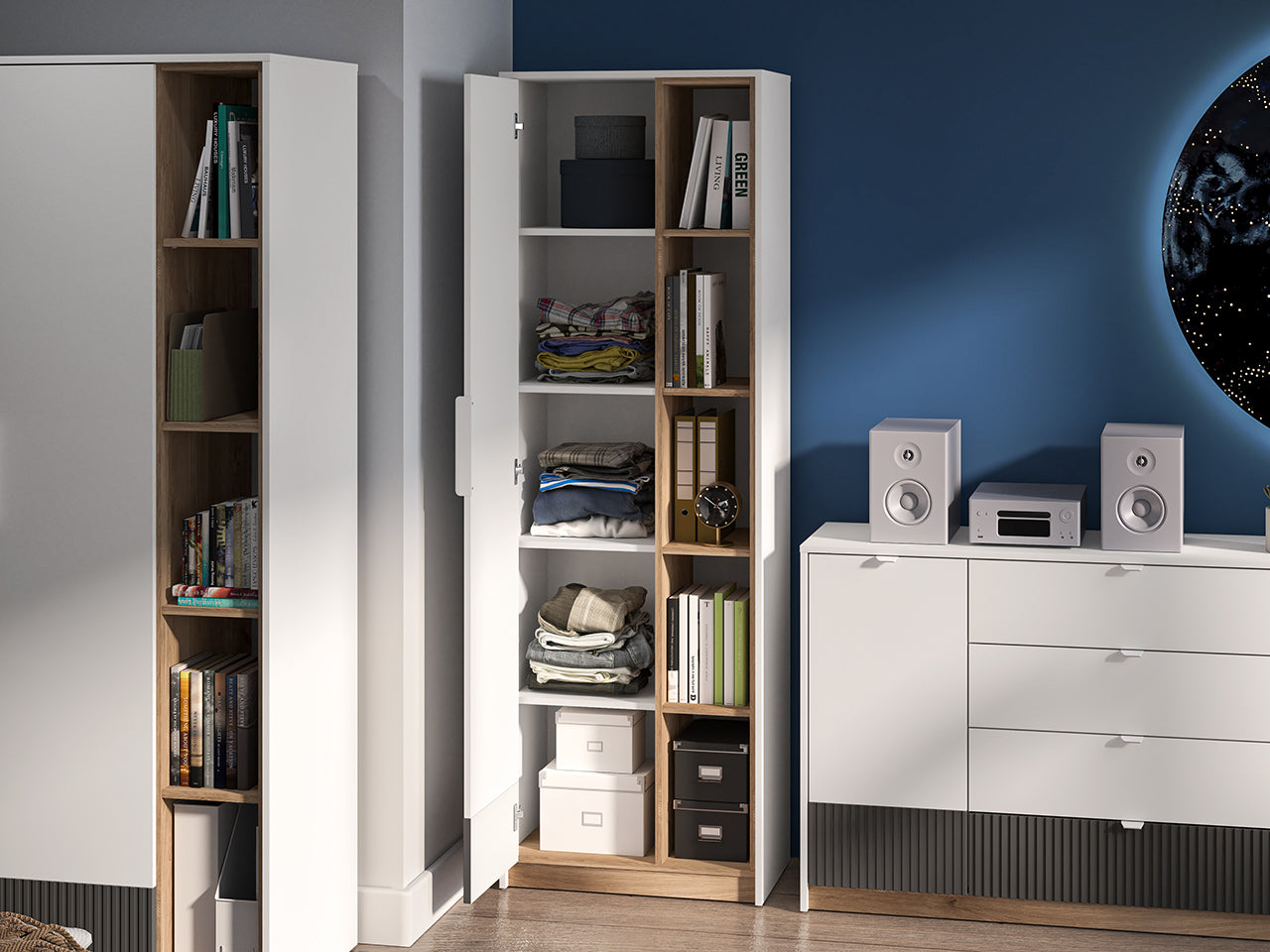 Garde-Robe enfant Moderne en Blanc et Chêne Castello avec MDF Graphite Mat – Durabilité et Design Élégant - Decora Home