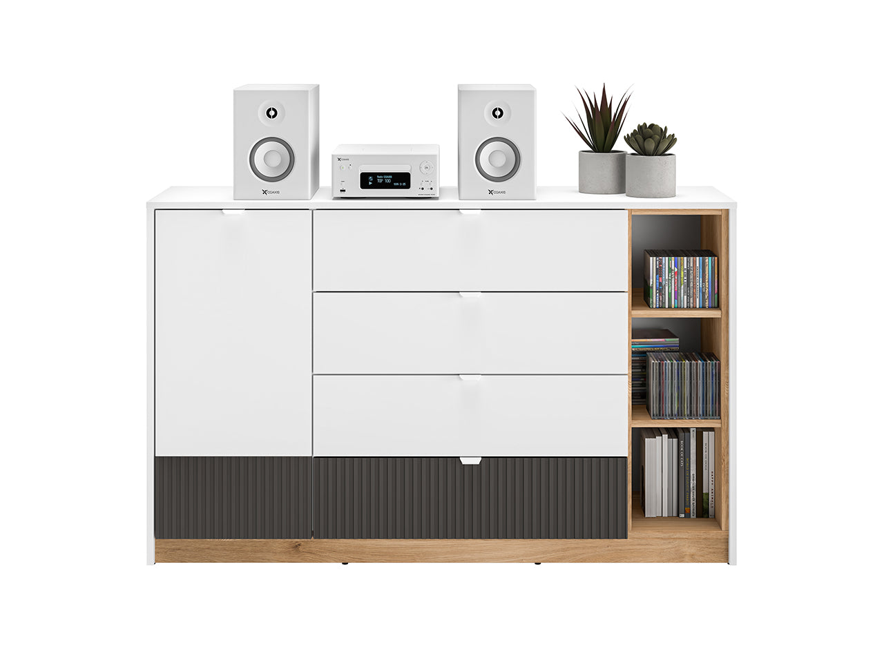 Commode, Buffet enfant moderne avec tiroirs à extension complète – Blanc, Graphite Mat & Chêne Castello - Decora Home