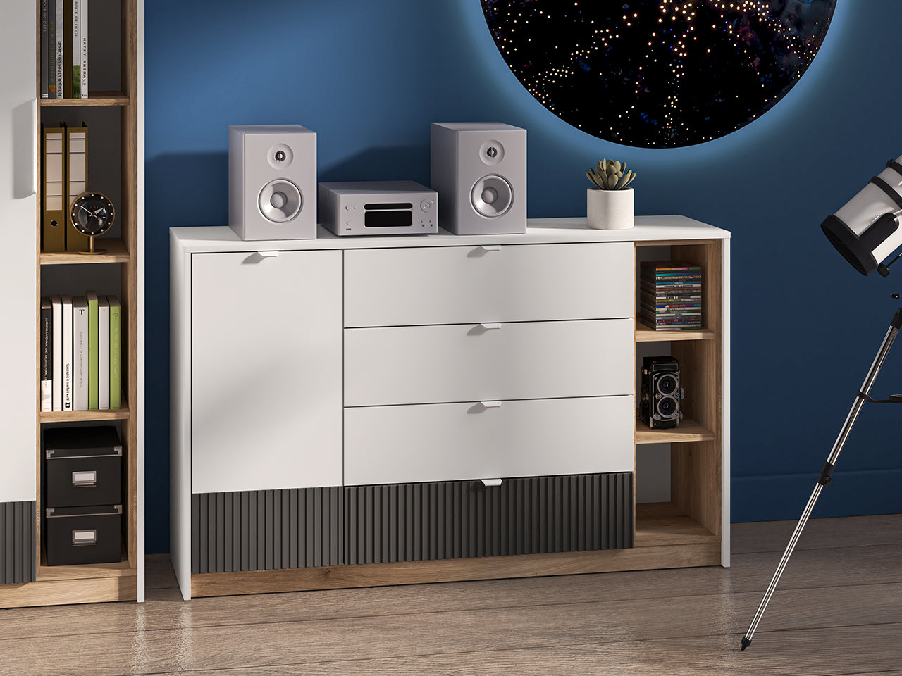 Commode enfant moderne avec tiroirs à extension complète – Blanc, Graphite Mat & Chêne Castello|Offre Spéciale|Decora Home