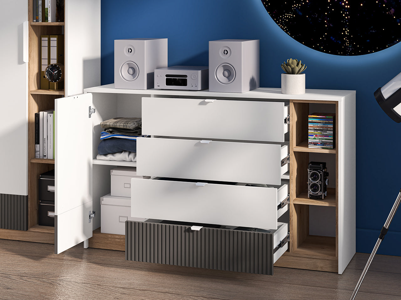 Commode, Buffet enfant moderne avec tiroirs à extension complète – Blanc, Graphite Mat & Chêne Castello - Decora Home