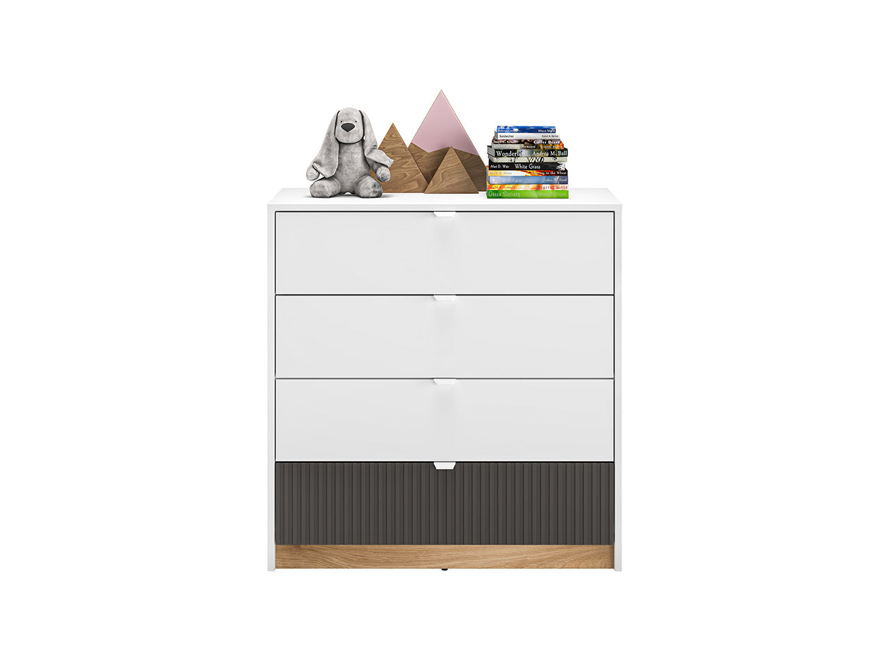 Commode, Buffet Compacte Enfant avec Tiroirs à Extension Complète – Blanc, Graphite Mat & Chêne Castello - Decora Home
