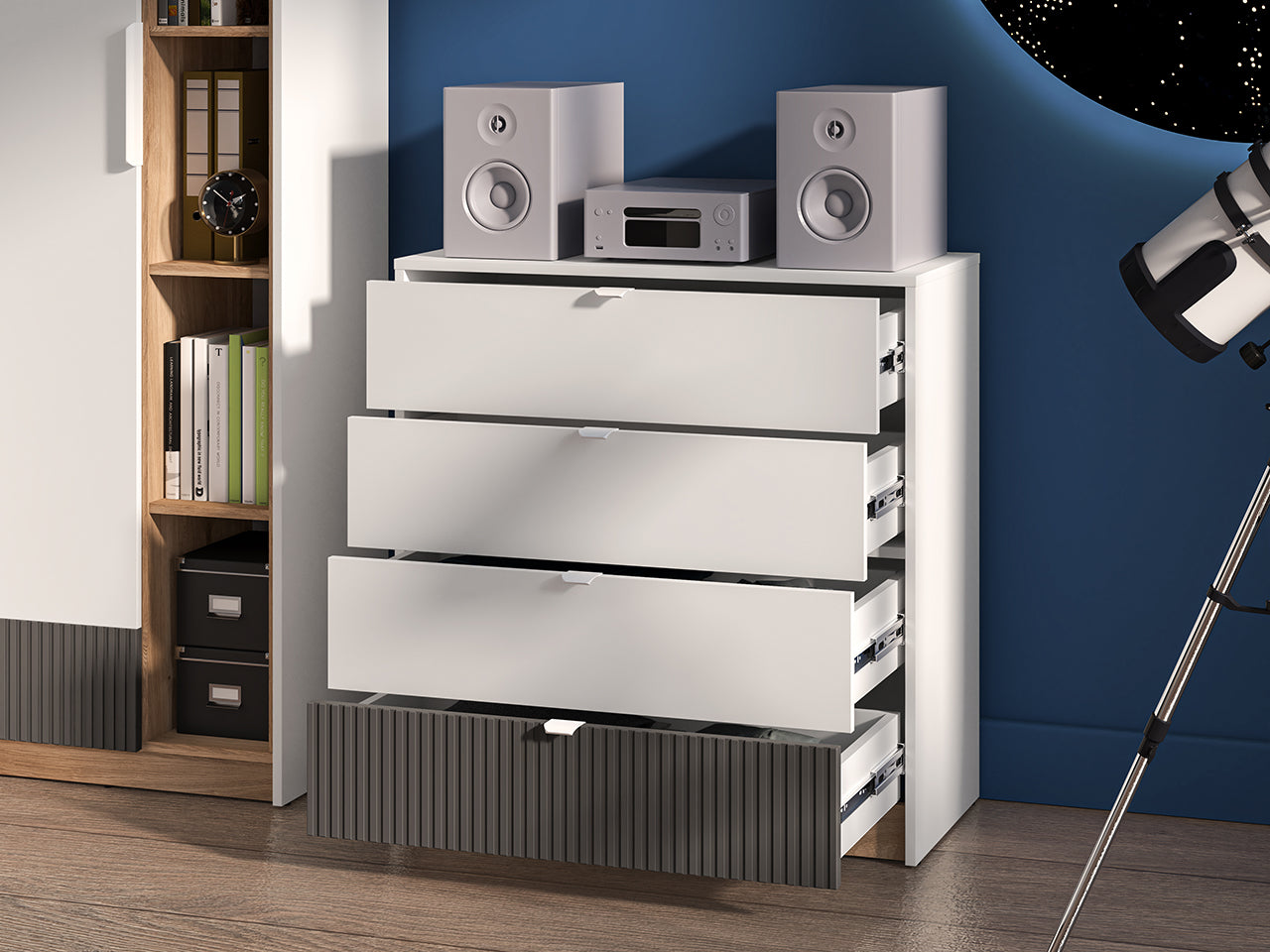 Commode, Buffet Compacte Enfant avec Tiroirs à Extension Complète – Blanc, Graphite Mat & Chêne Castello - Decora Home