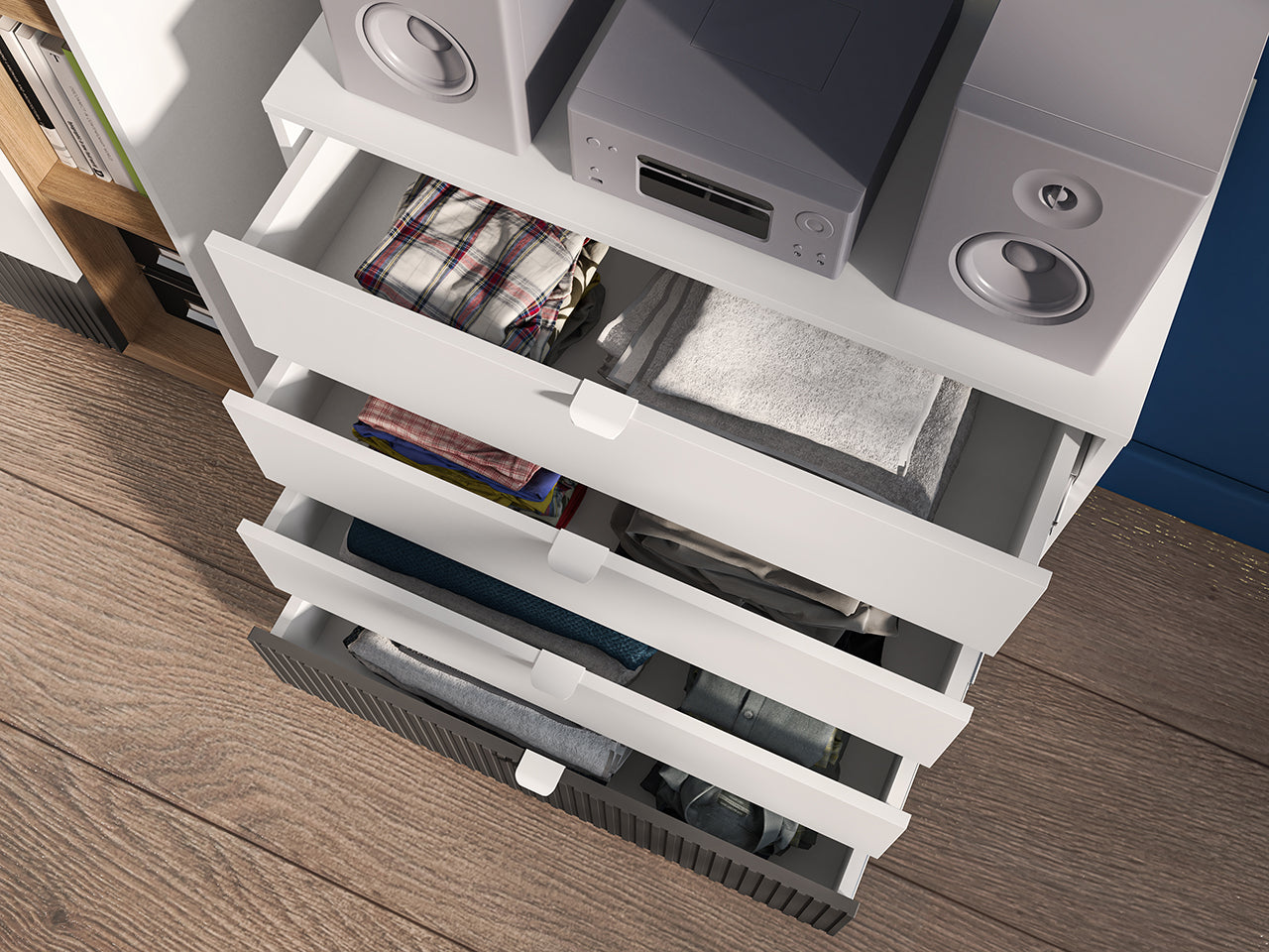 Commode, Buffet Compacte Enfant avec Tiroirs à Extension Complète – Blanc, Graphite Mat & Chêne Castello - Decora Home