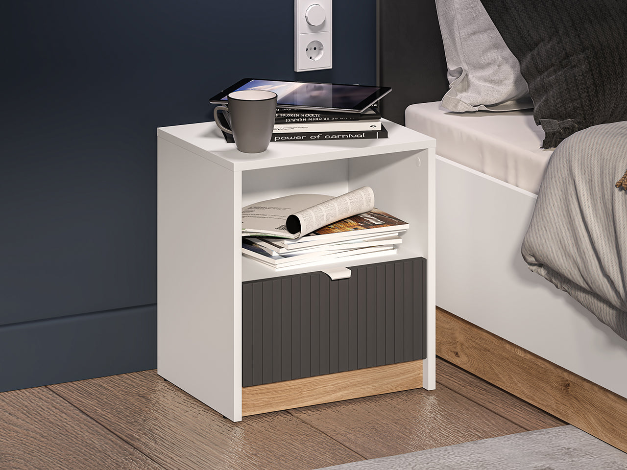 Table de Chevet Moderne – Blanc, Graphite Mat & Chêne Castello|Offre Spéciale|Decora Home