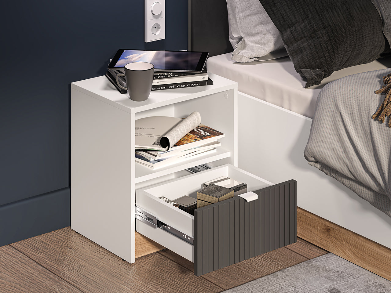 Table de Chevet Moderne – Blanc, Graphite Mat & Chêne Castello - Decora Home