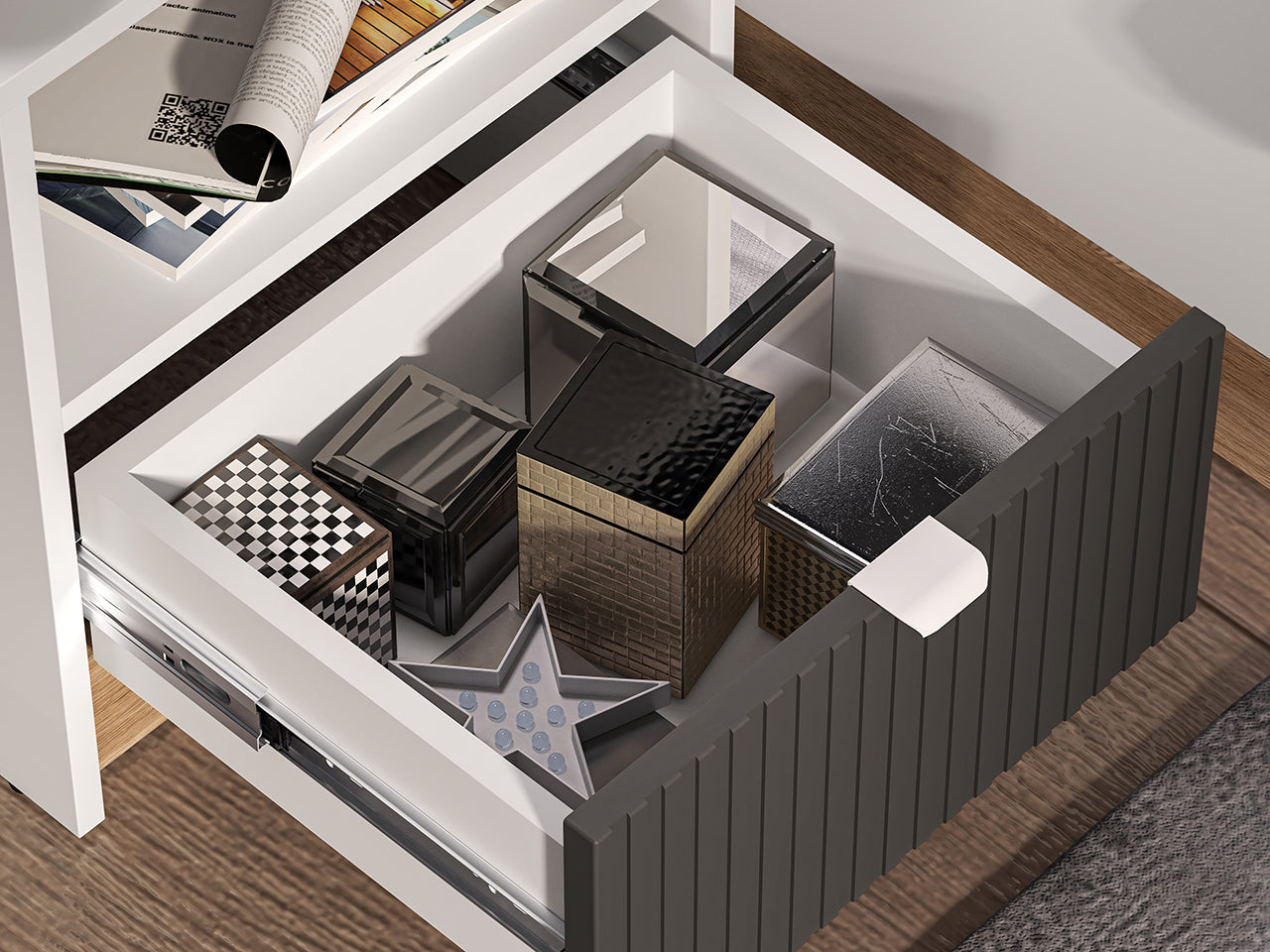 Table de Chevet Moderne – Blanc, Graphite Mat & Chêne Castello - Decora Home