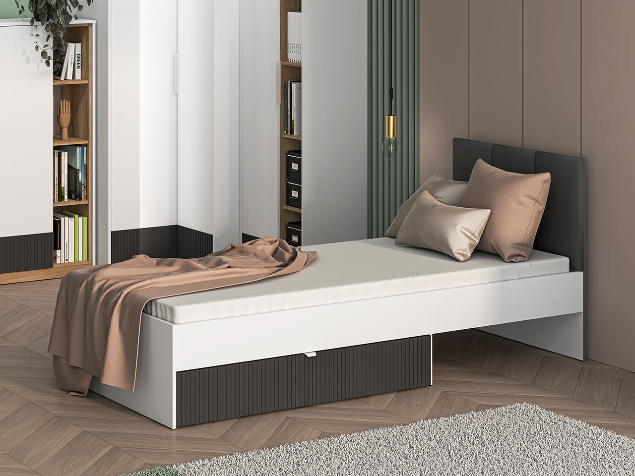 Lit Moderne avec Finition Graphite Mat & Blanc – 90x207 cm|Offre Spéciale|Decora Home