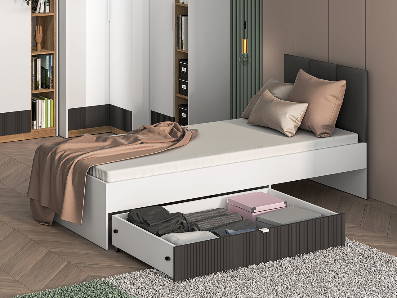 Lit Moderne avec Finition Graphite Mat & Blanc – 90x207 cm - Decora Home