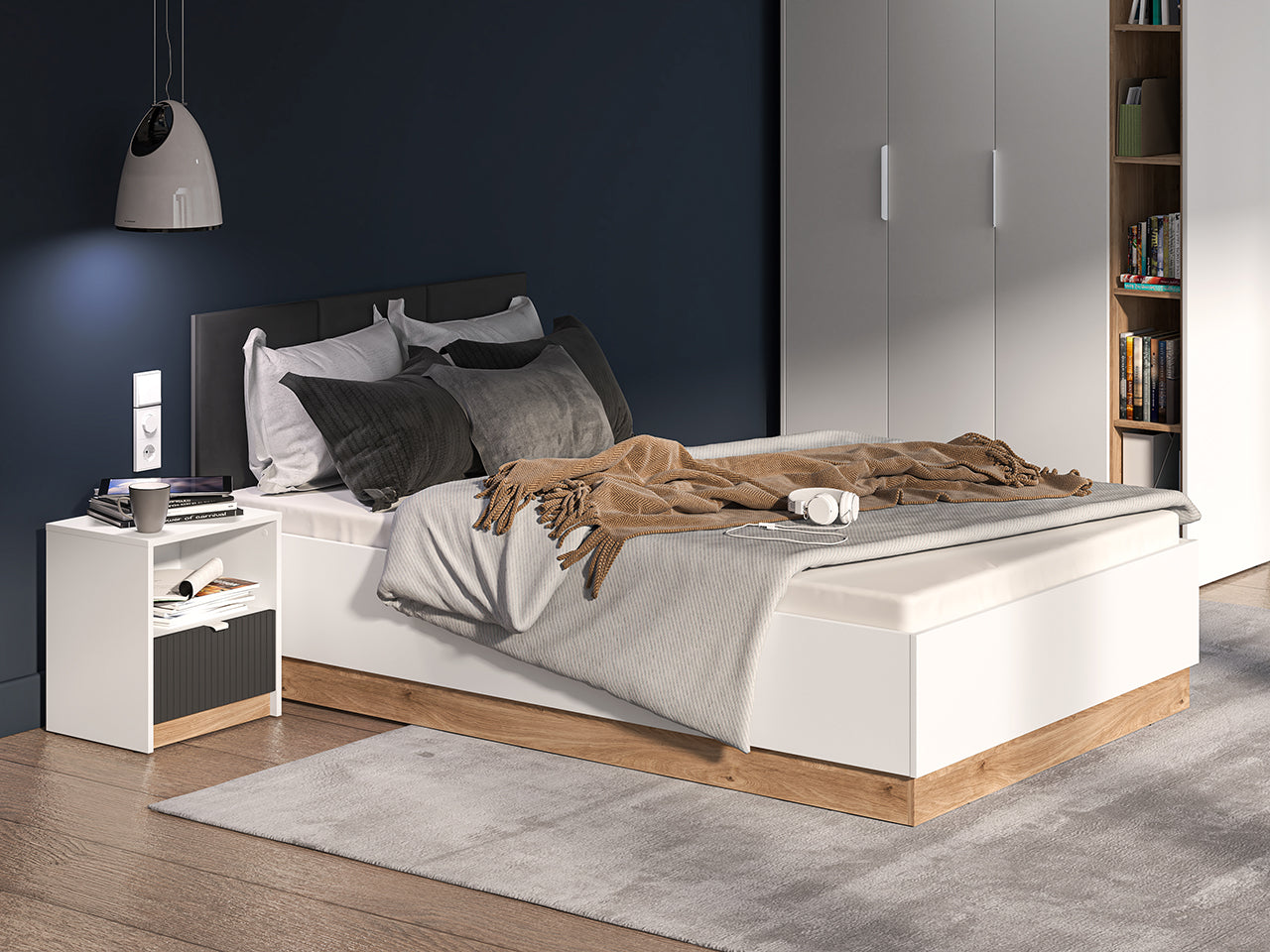 Lit Chambre Adulte avec Cadre – Design Blanc et Bois Chêne - Decora Home