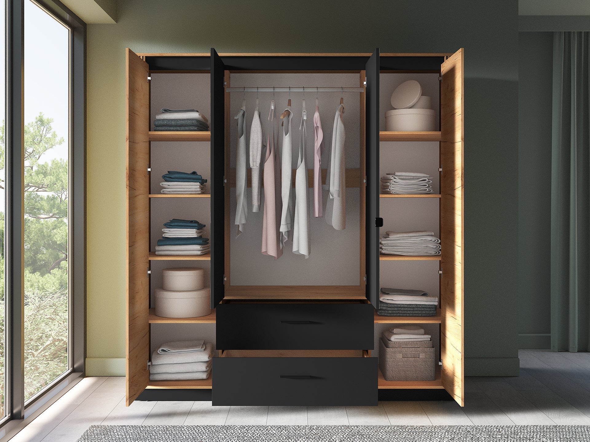 Armoire Moderne Chêne Craft Or & Noir – Élégance et Grande Capacité de Rangement - Decora Home
