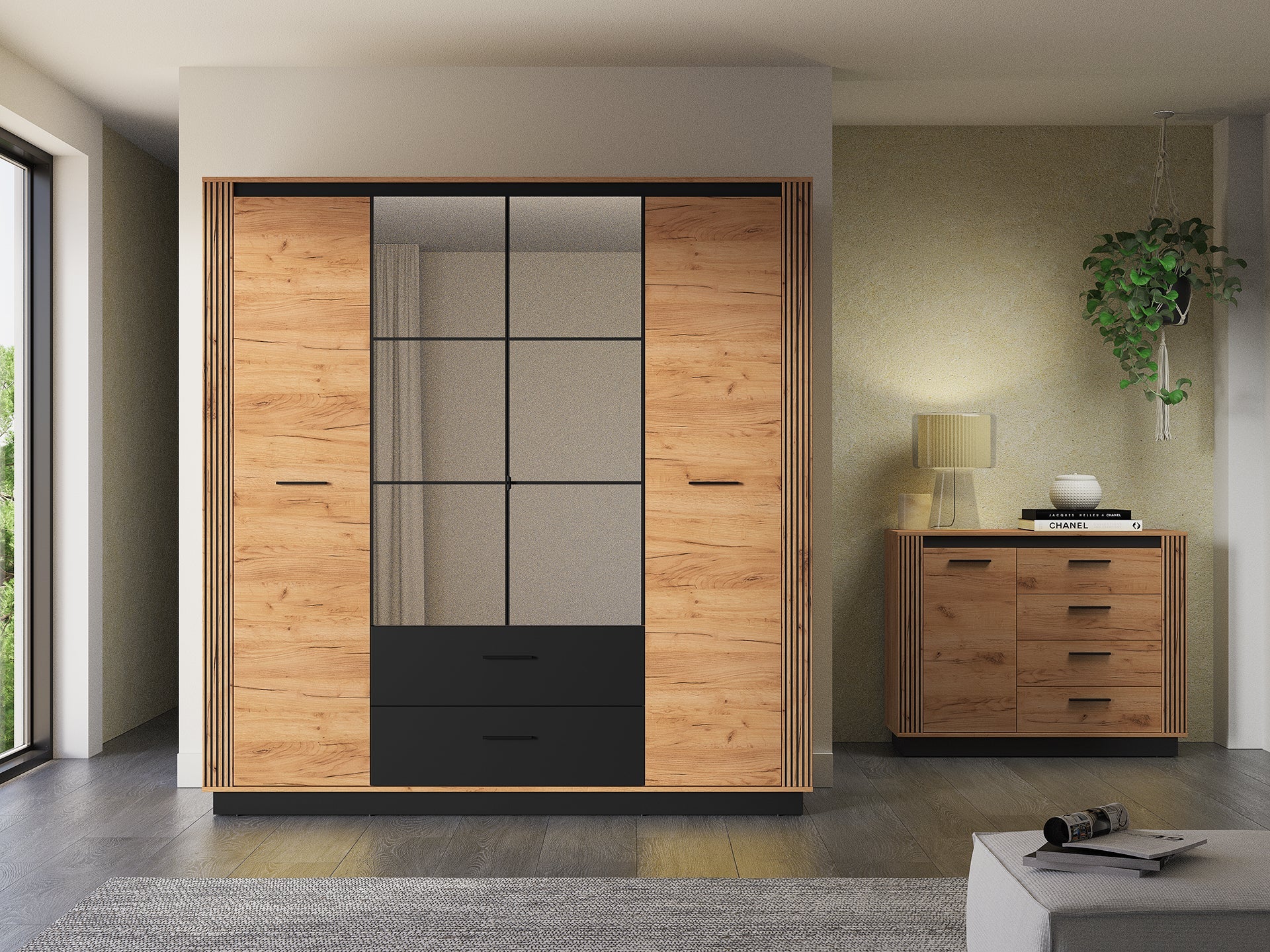 Armoire Moderne Chêne Craft Or & Noir – Élégance et Grande Capacité de Rangement - Decora Home