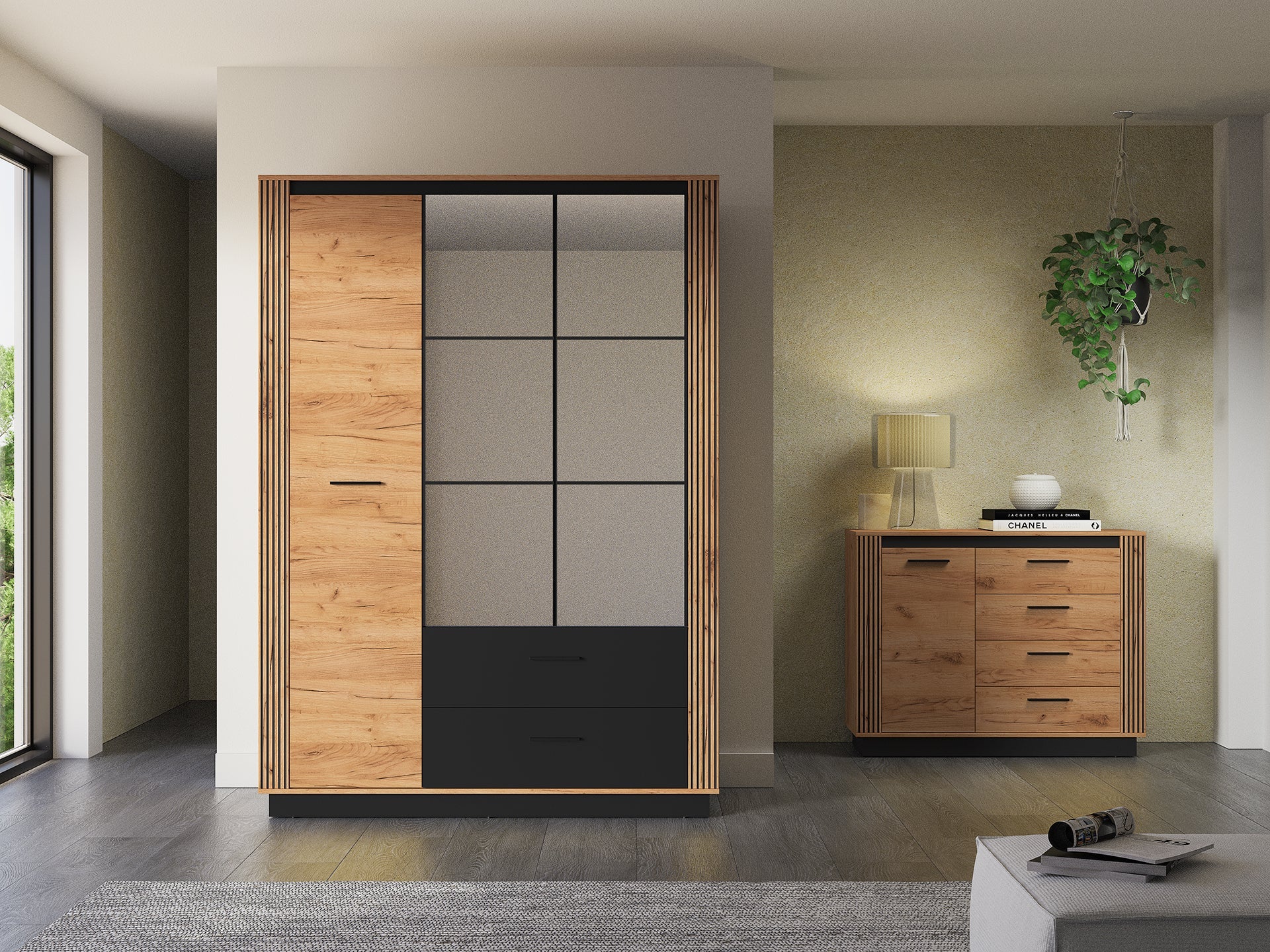 Armoire Moderne Chêne Craft Or & Noir – Élégance et Grande Capacité de Rangement - Decora Home